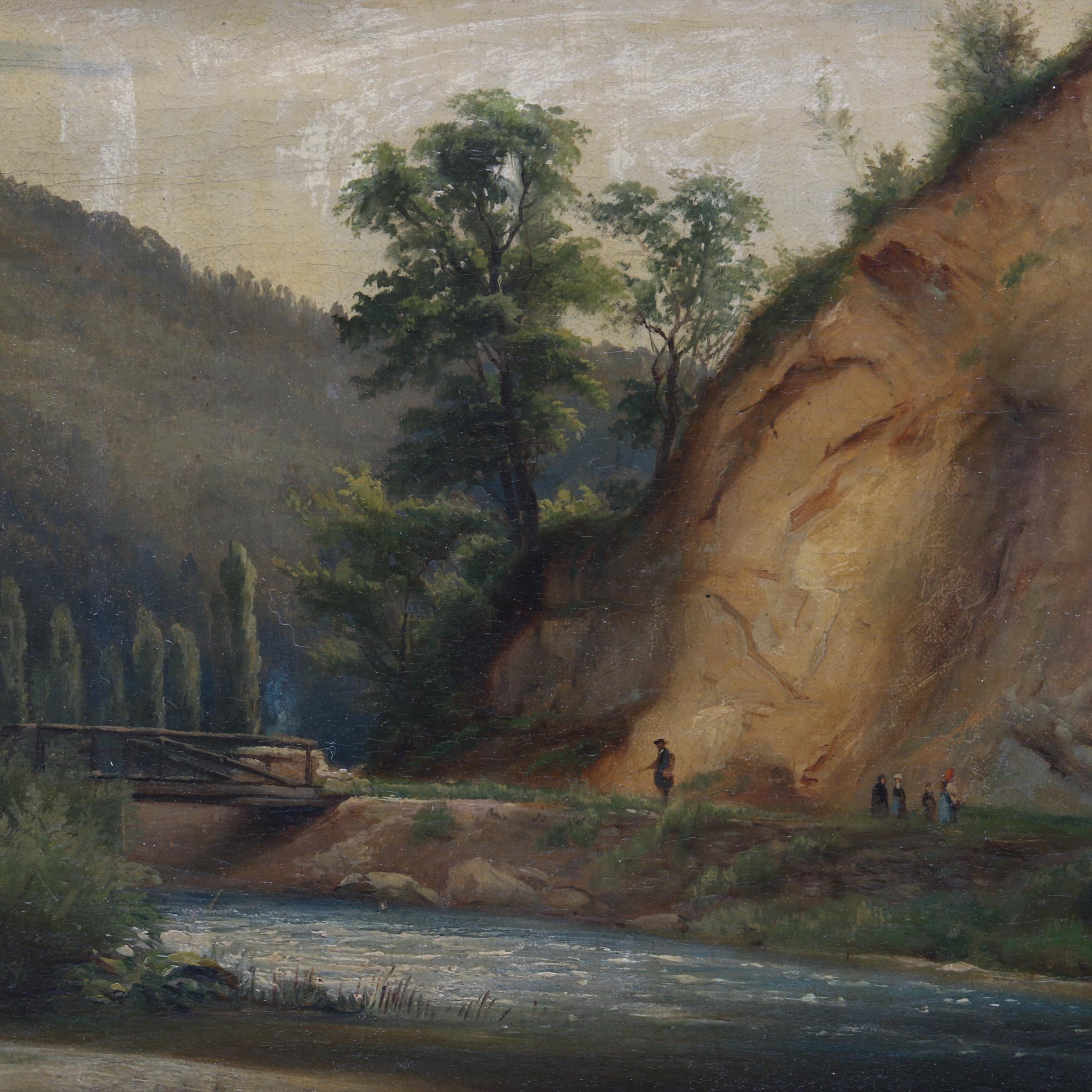 Late 19th-Century Oil Painting of Landscape with Figures