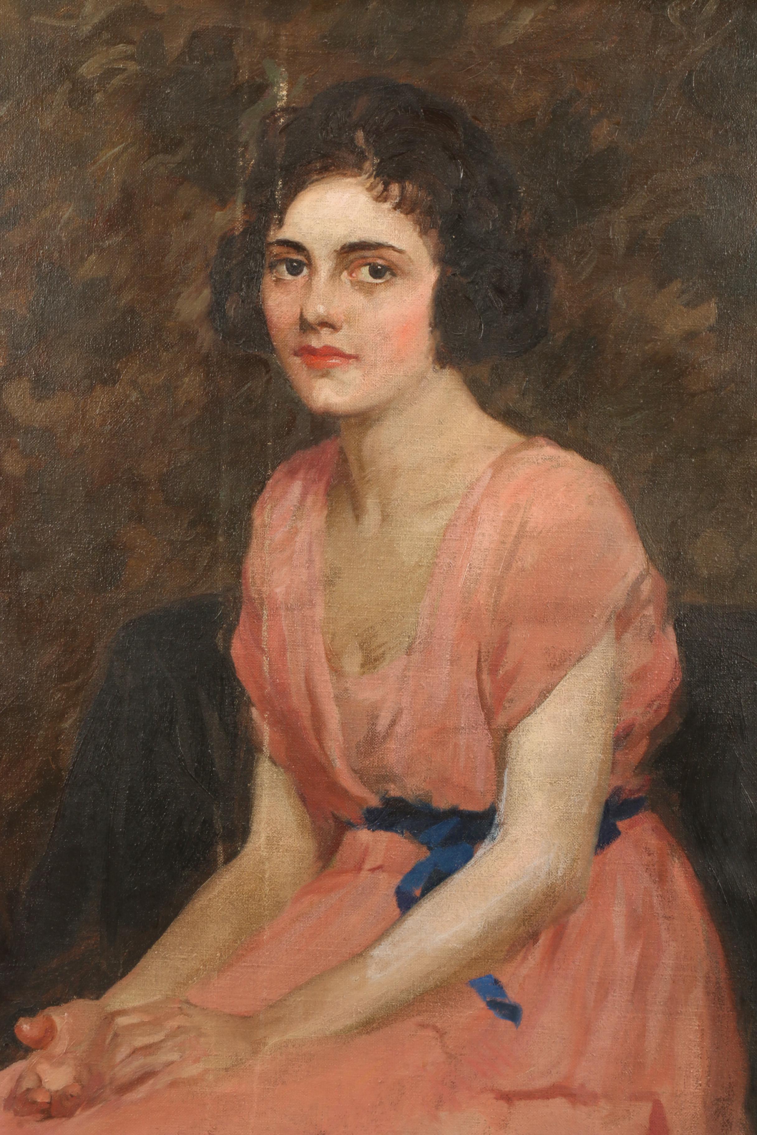 Wilbur G. Adam 1921 Portrait Oil Painting of Woman in Pink Dress