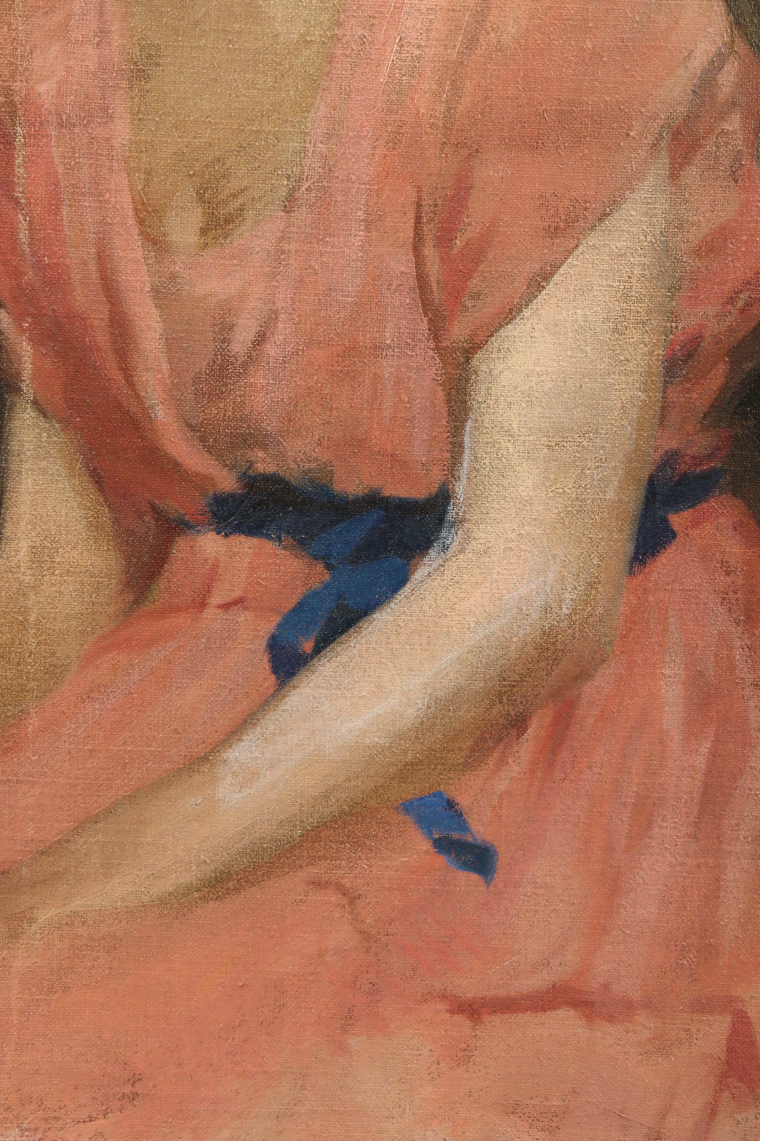 Wilbur G. Adam 1921 Portrait Oil Painting of Woman in Pink Dress