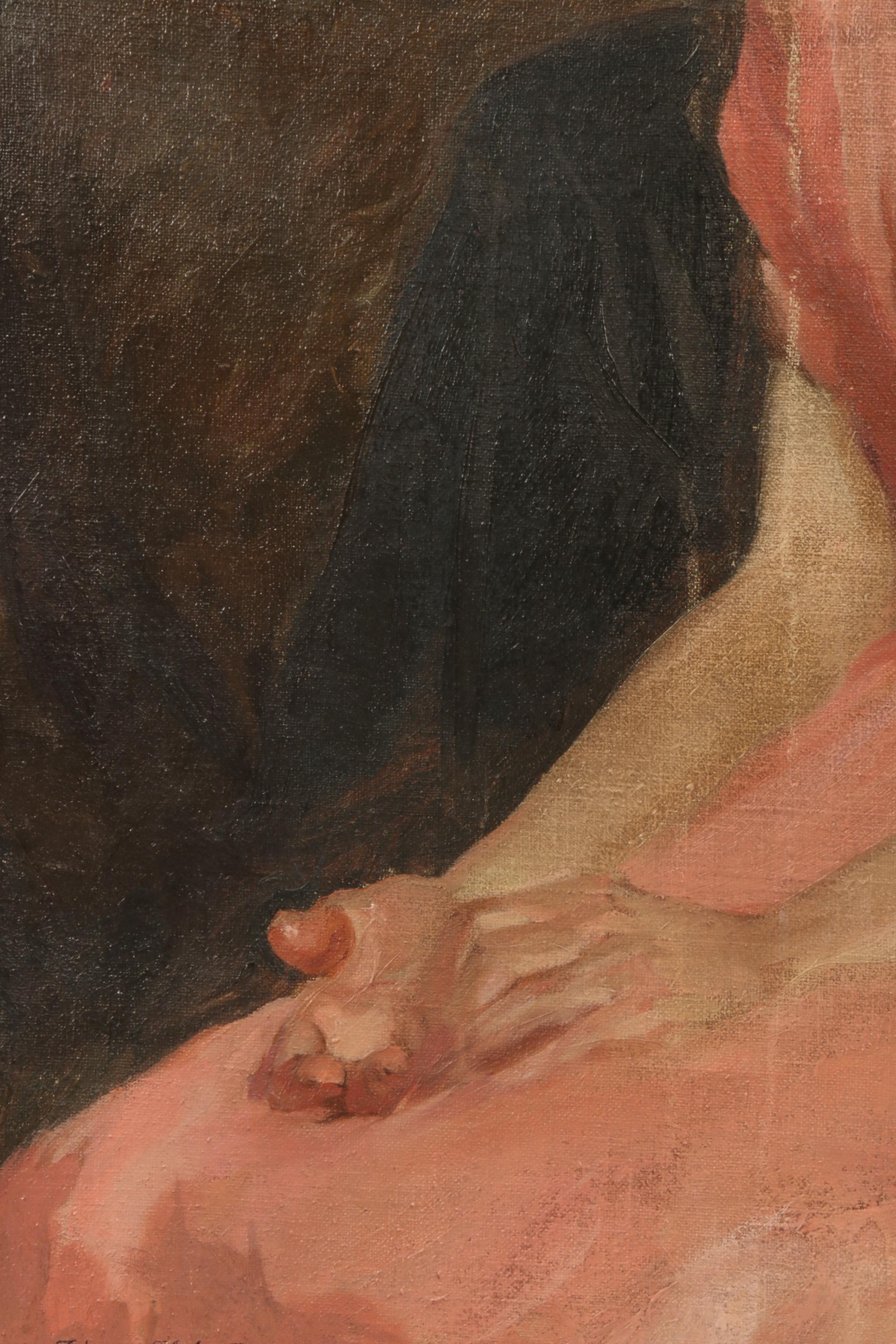 Wilbur G. Adam 1921 Portrait Oil Painting of Woman in Pink Dress