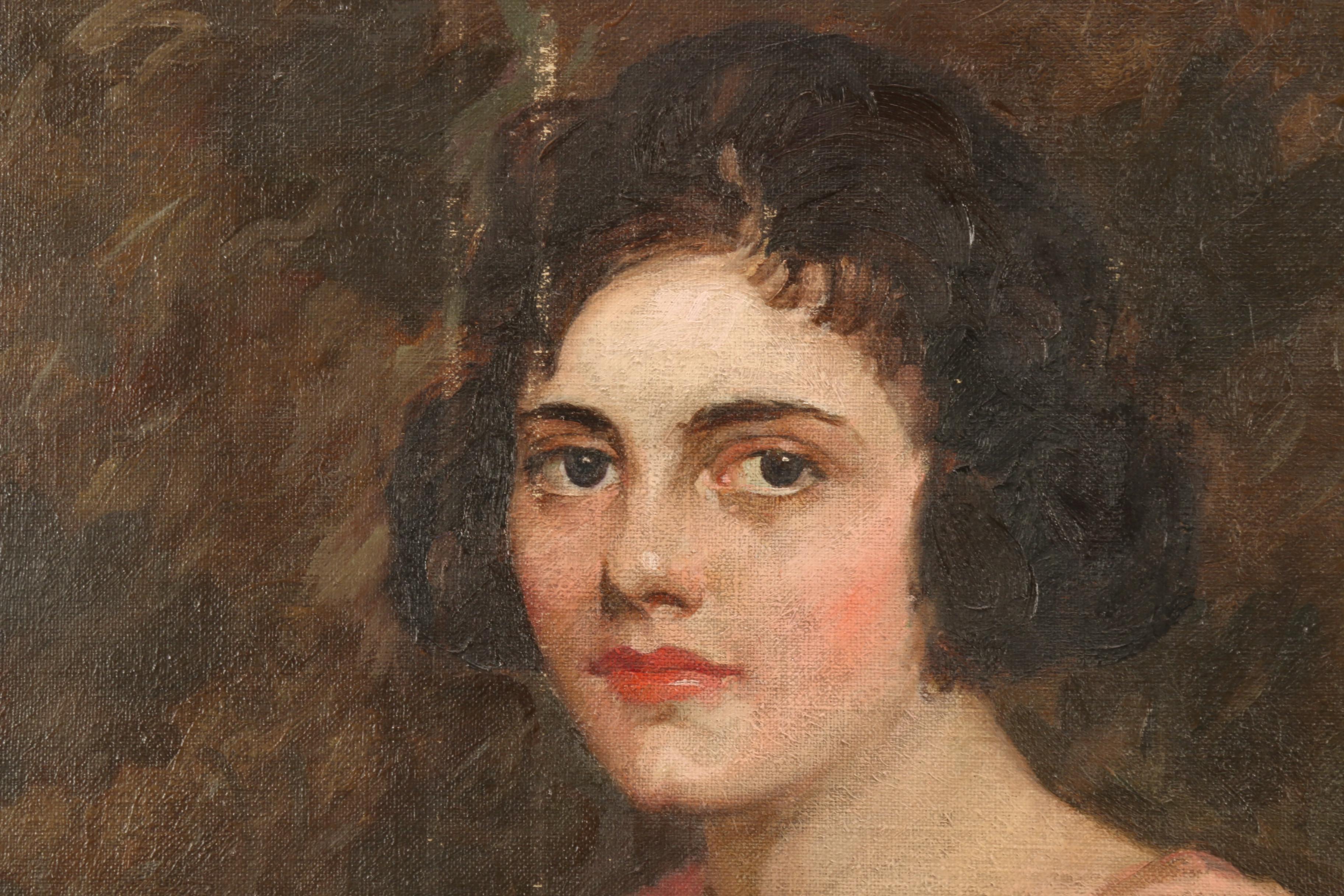 Wilbur G. Adam 1921 Portrait Oil Painting of Woman in Pink Dress