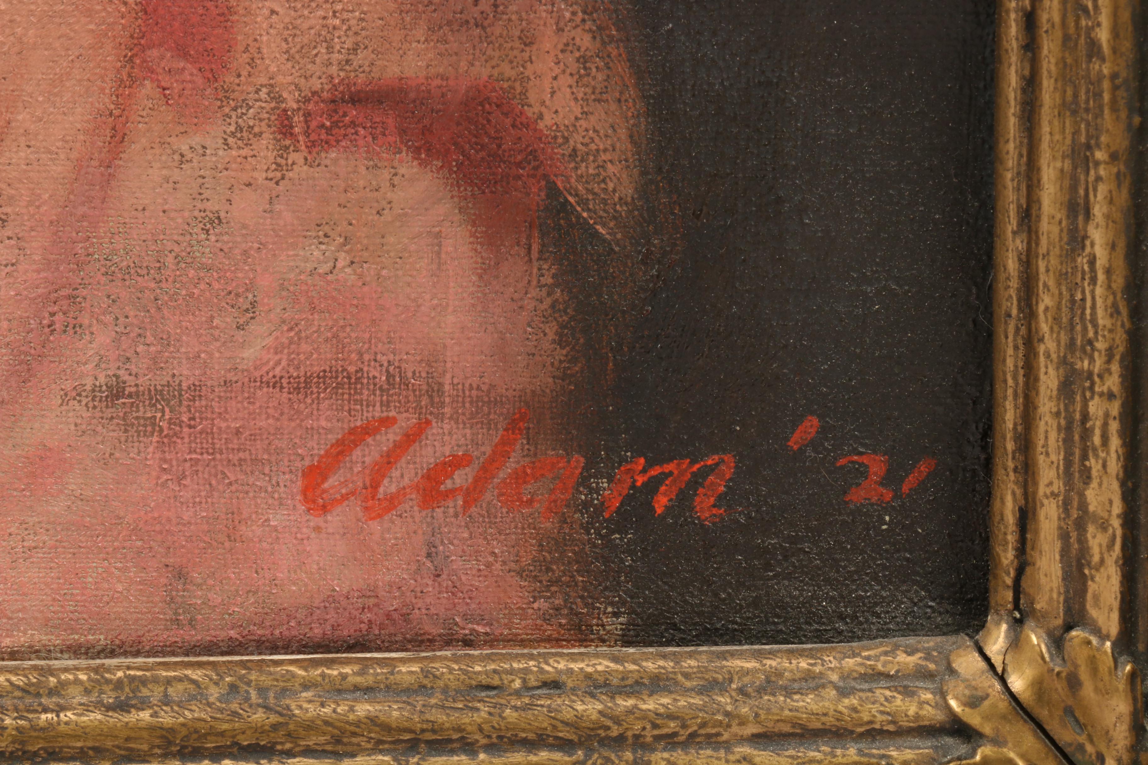 Wilbur G. Adam 1921 Portrait Oil Painting of Woman in Pink Dress