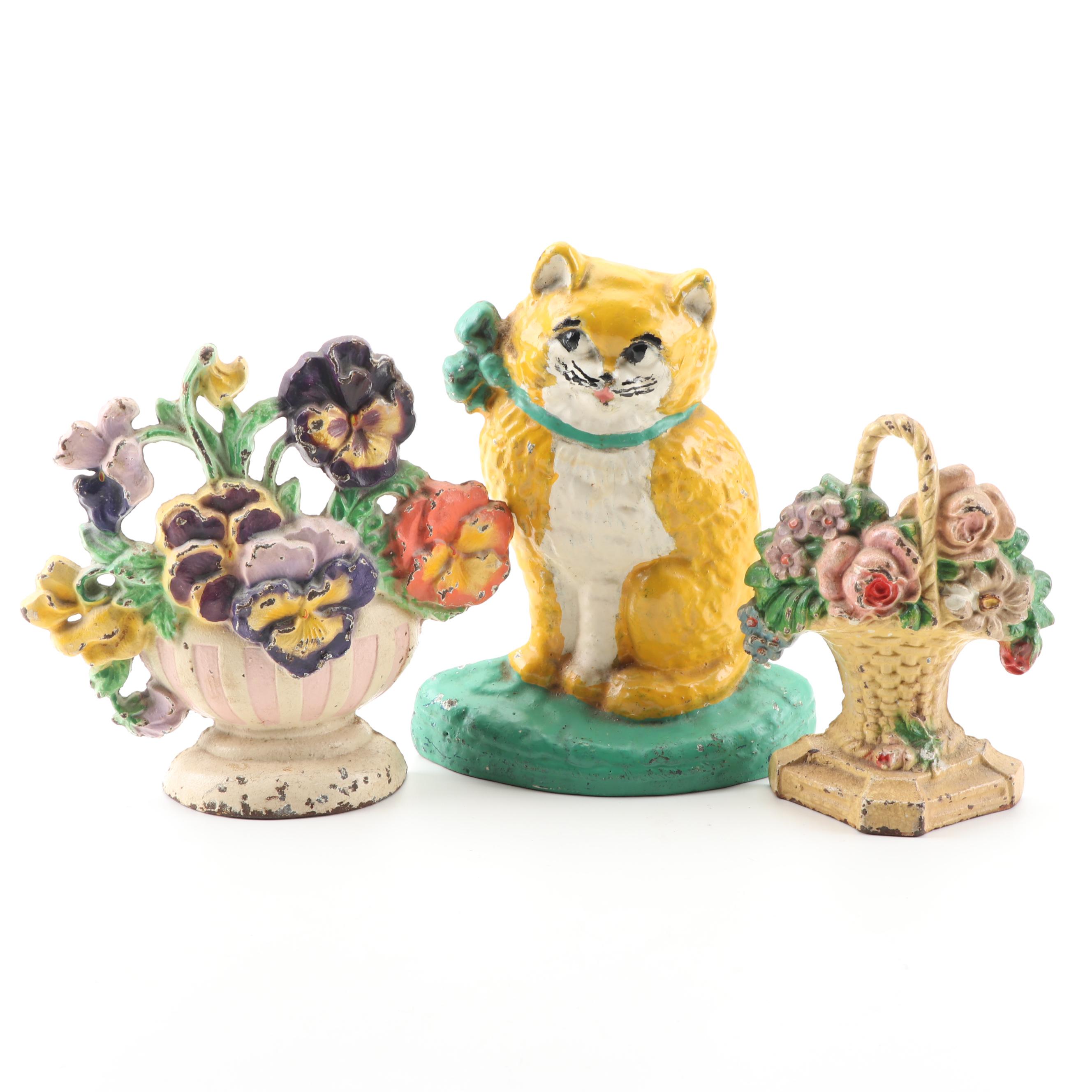 Cast Iron Cat and Floral Bouquet Doorstops Circa 1920s - 1930s
