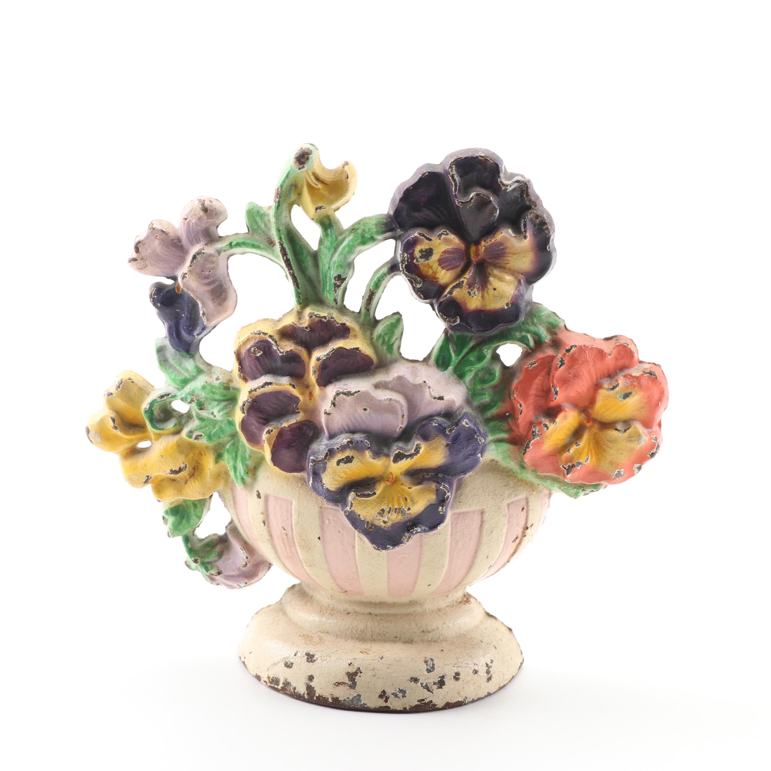 Cast Iron Cat and Floral Bouquet Doorstops Circa 1920s - 1930s