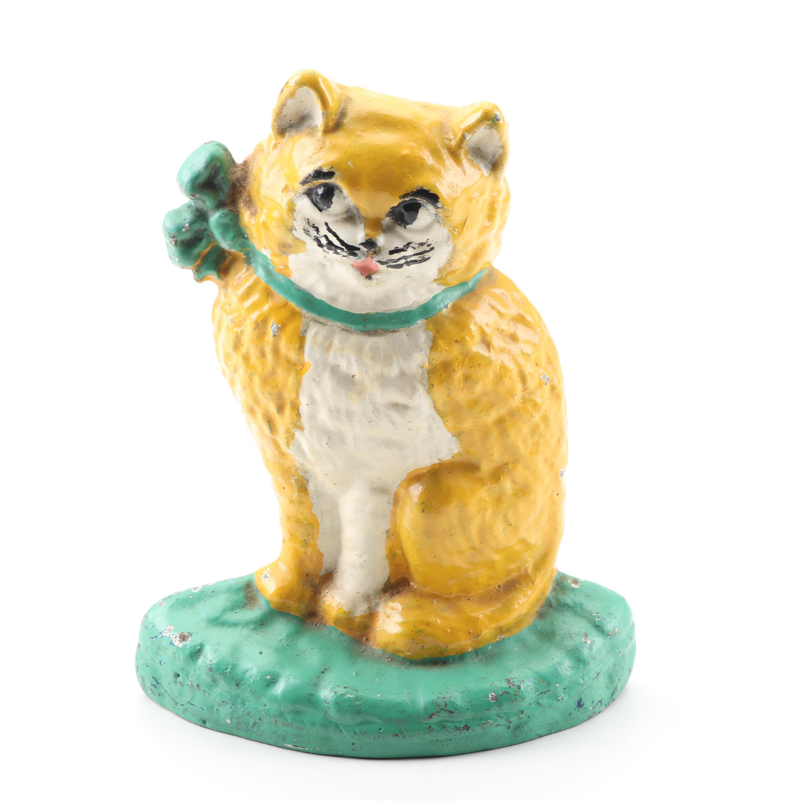 Cast Iron Cat and Floral Bouquet Doorstops Circa 1920s - 1930s