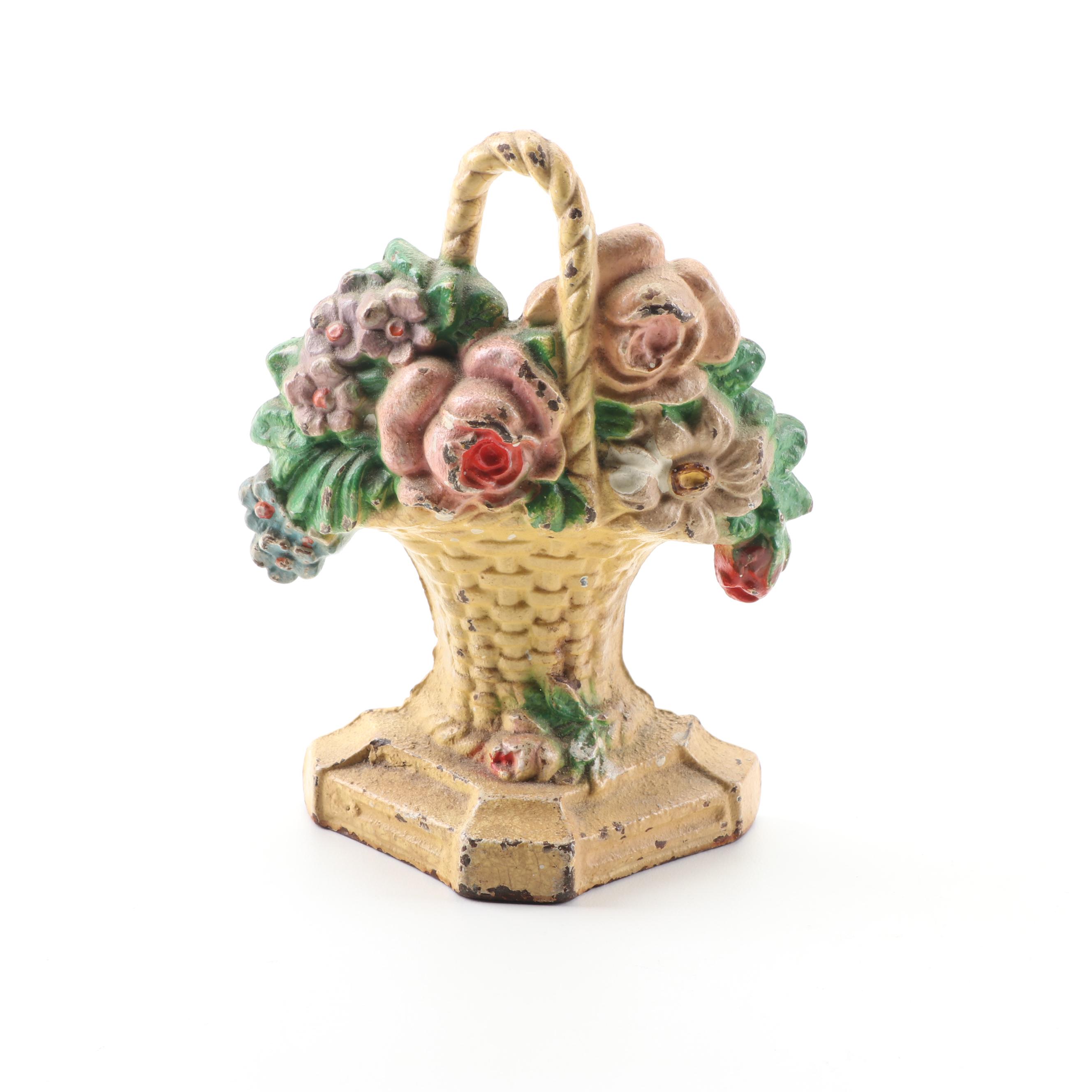 Cast Iron Cat and Floral Bouquet Doorstops Circa 1920s - 1930s