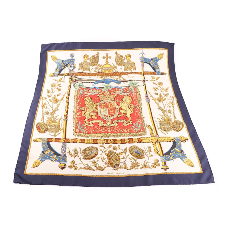 Hermès of Paris "The Queen's Silver Jubilee 1977/Dieu et Mon Droit" Silk Scarf