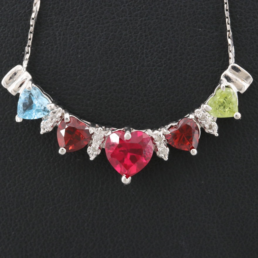 10K and 14K White Gold Garnet, Blue Topaz, Diamond and Synthetic Ruby Necklace