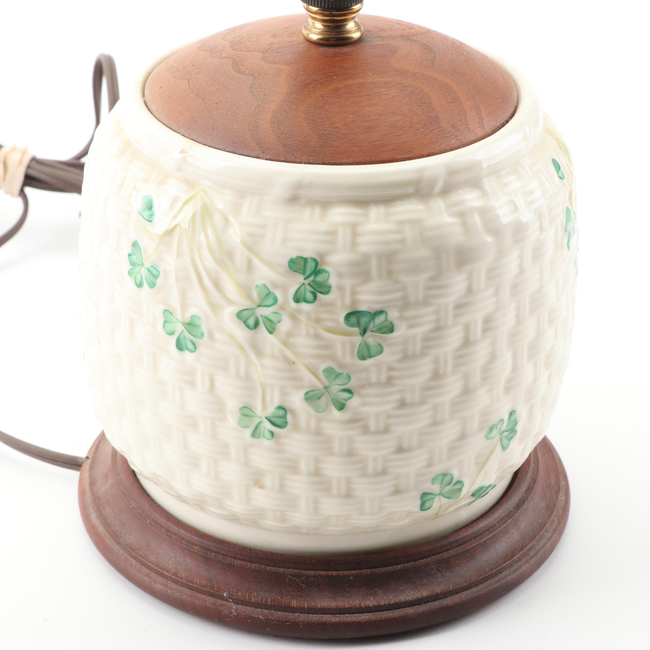 Belleek "Shamrock" Accent Lamp with Wooden Cap and Base