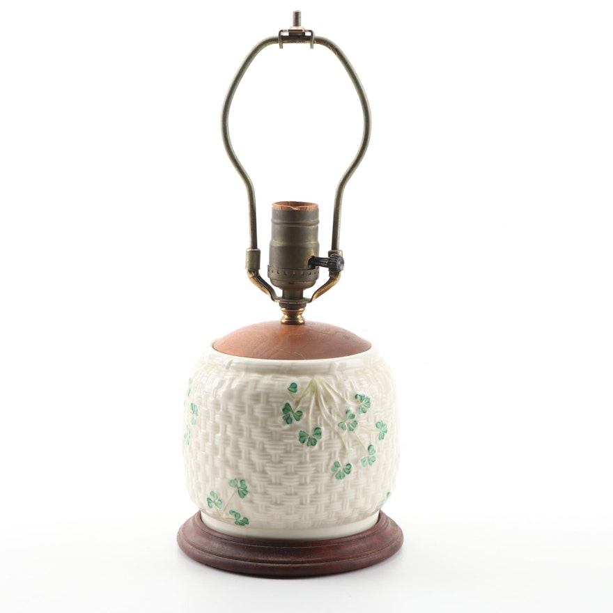 Belleek "Shamrock" Accent Lamp with Wooden Cap and Base