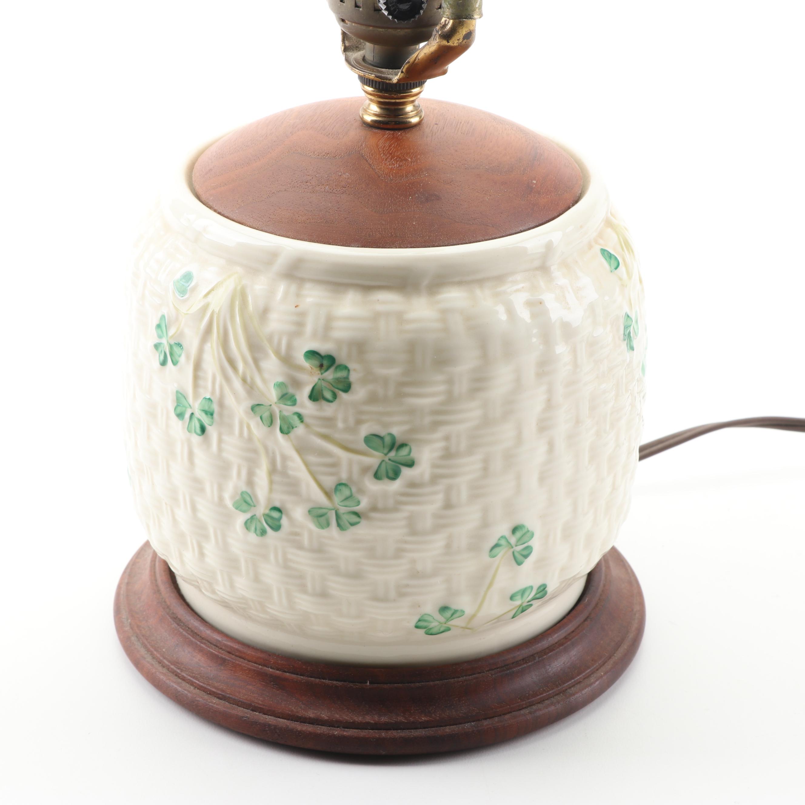 Belleek "Shamrock" Accent Lamp with Wooden Cap and Base