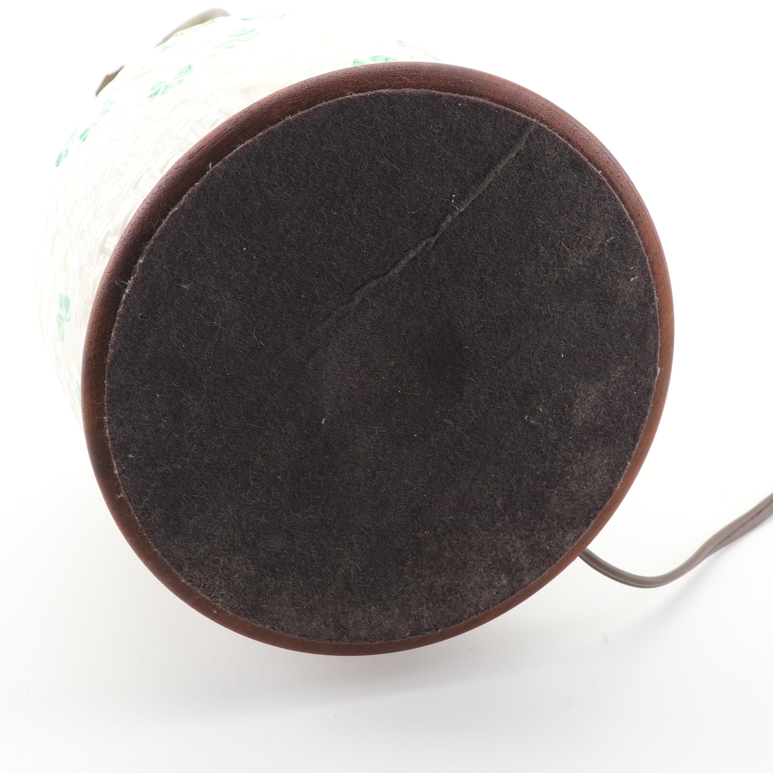 Belleek "Shamrock" Accent Lamp with Wooden Cap and Base