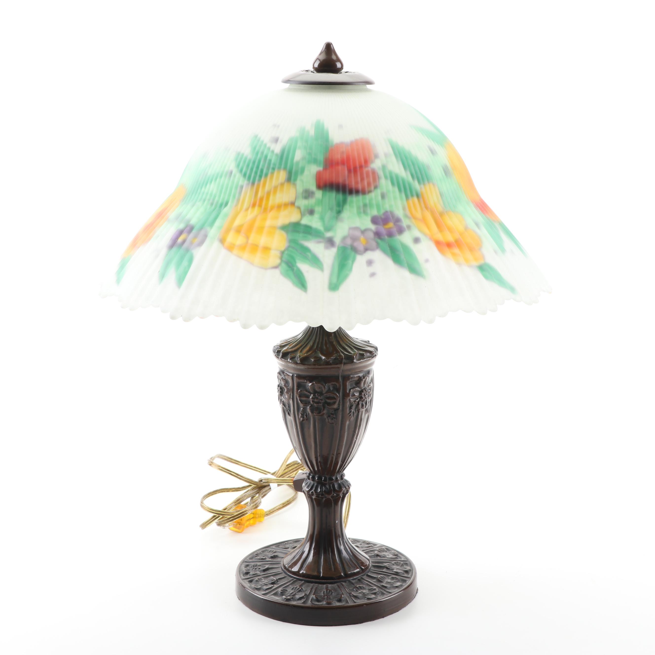 Metal Table Lamp with a Reverse Hand-Painted Glass Shade