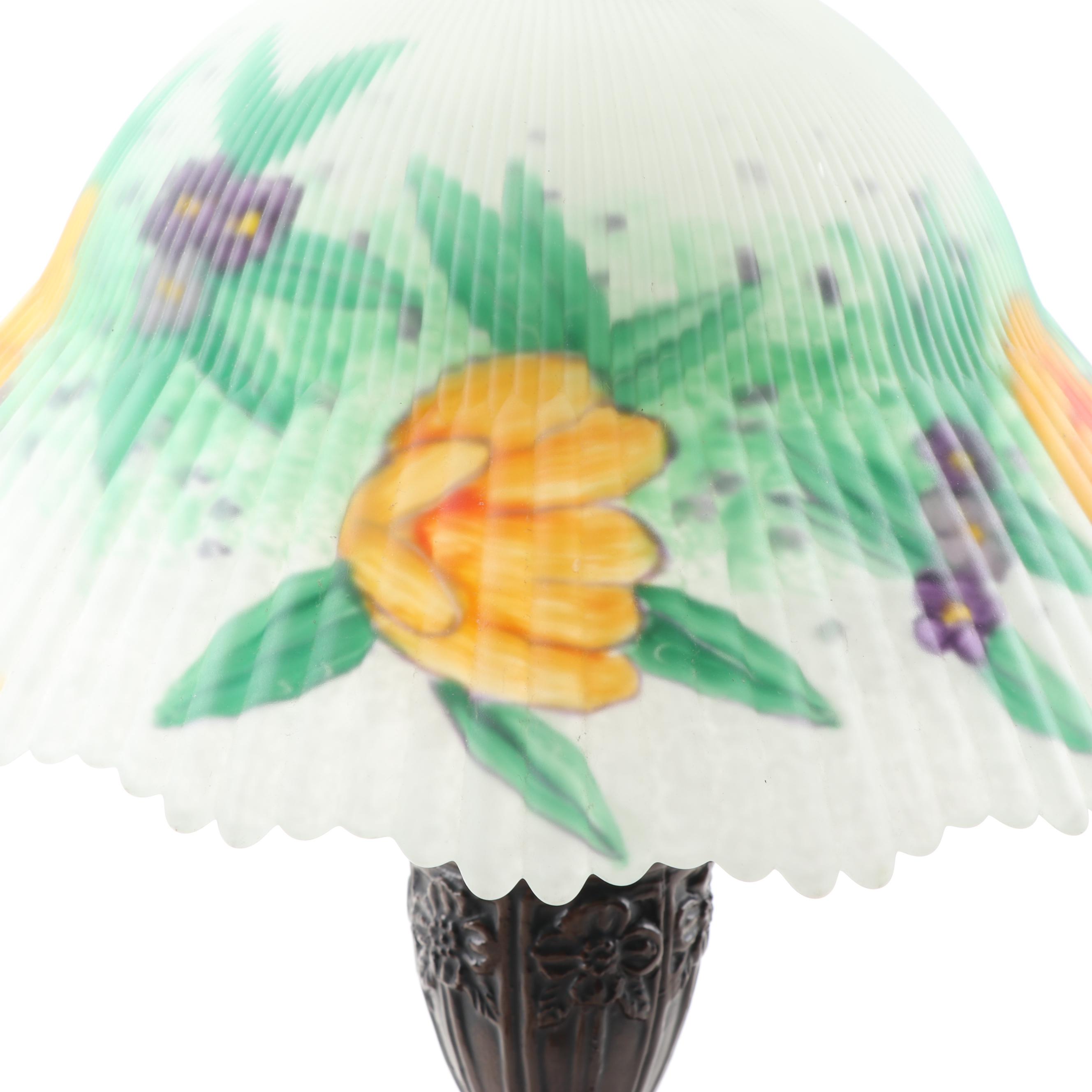 Metal Table Lamp with a Reverse Hand-Painted Glass Shade