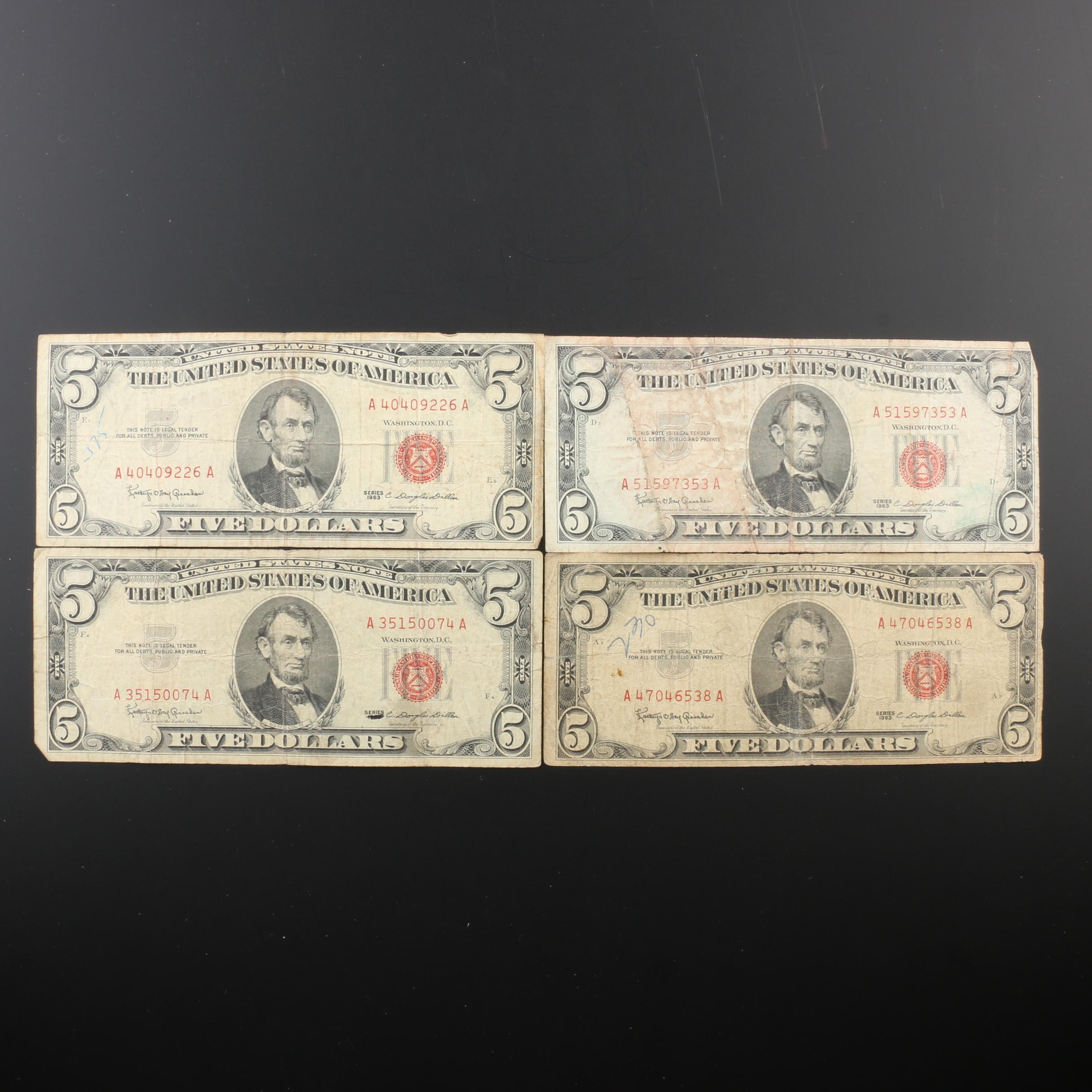 Group of Sixteen $5 Federal Reserve Notes from 1928, 1953, and 1963