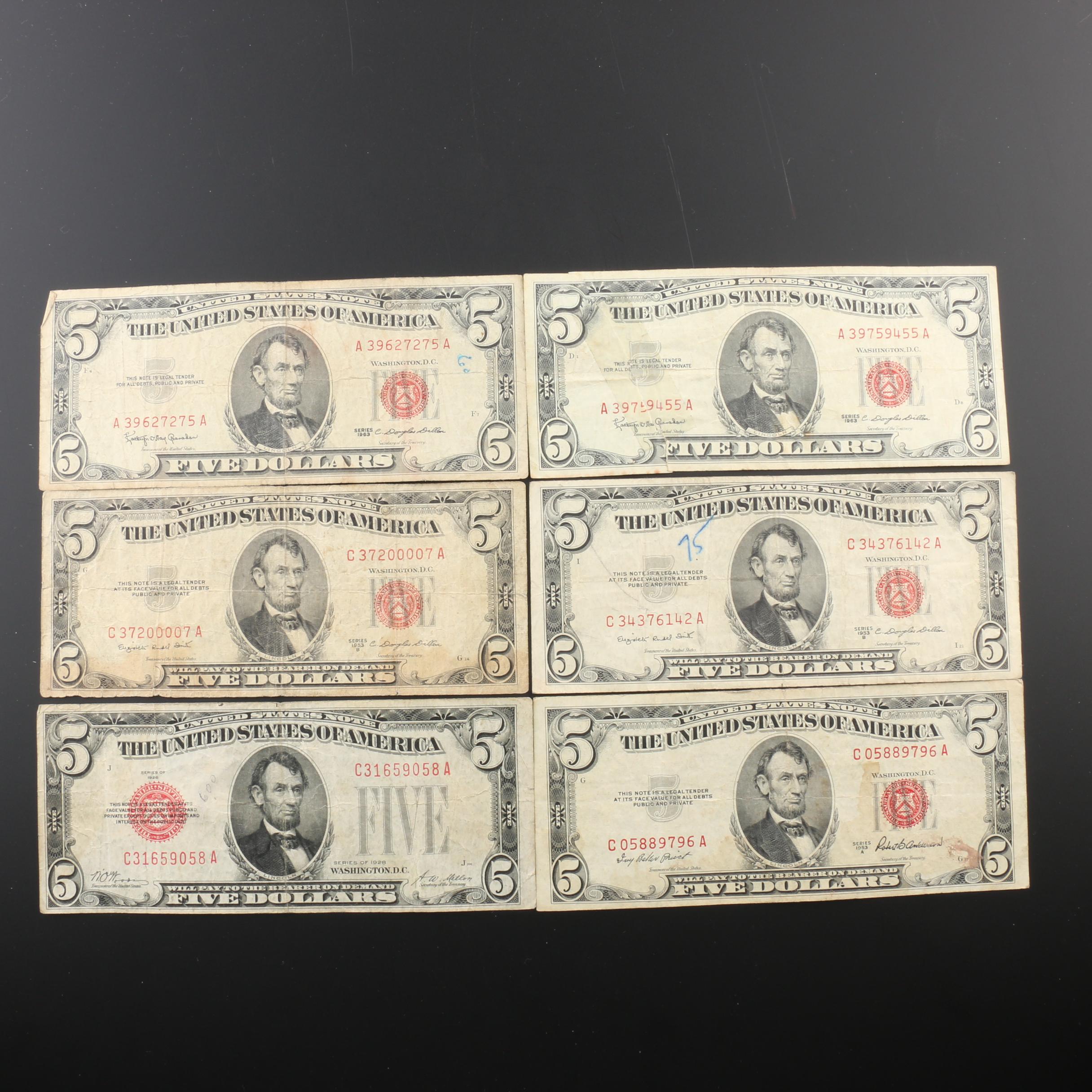 Group of Sixteen $5 Federal Reserve Notes from 1928, 1953, and 1963