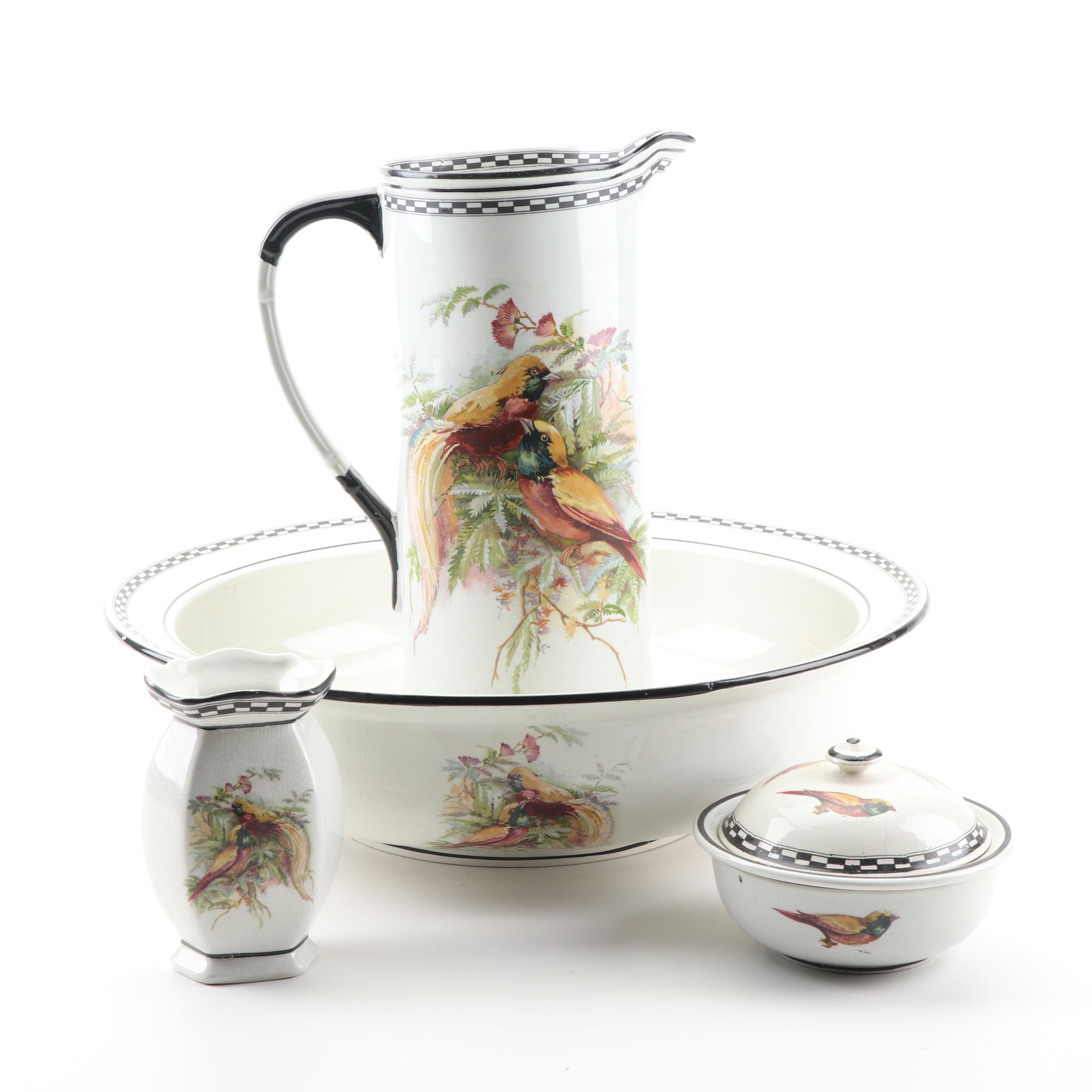 Transferware Avian Motif Ironstone Wash Pitcher & Basin