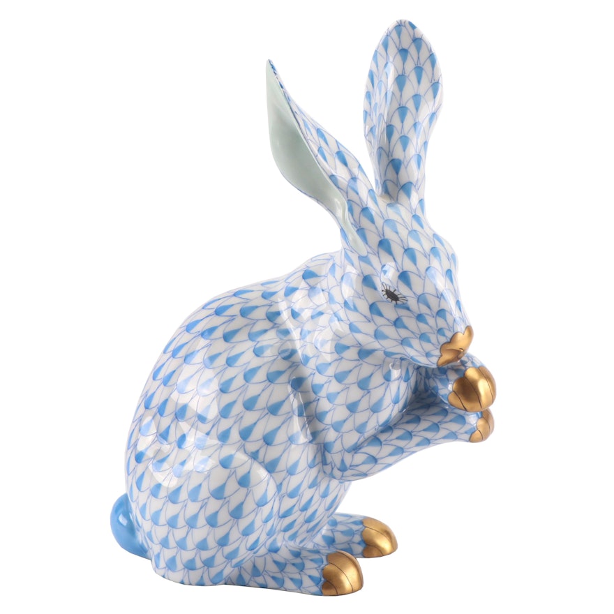 Herend Blue "Bunny with Crossed Paws" Hand-Painted Porcelain Figurine