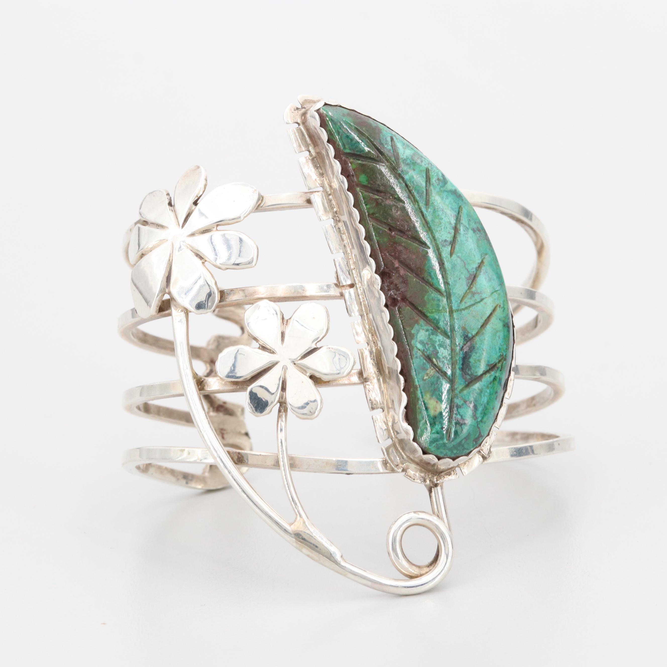 Bill Kirkham Sterling Silver and Eilat Stone Carved Leaf Motif Cuff Bracelet