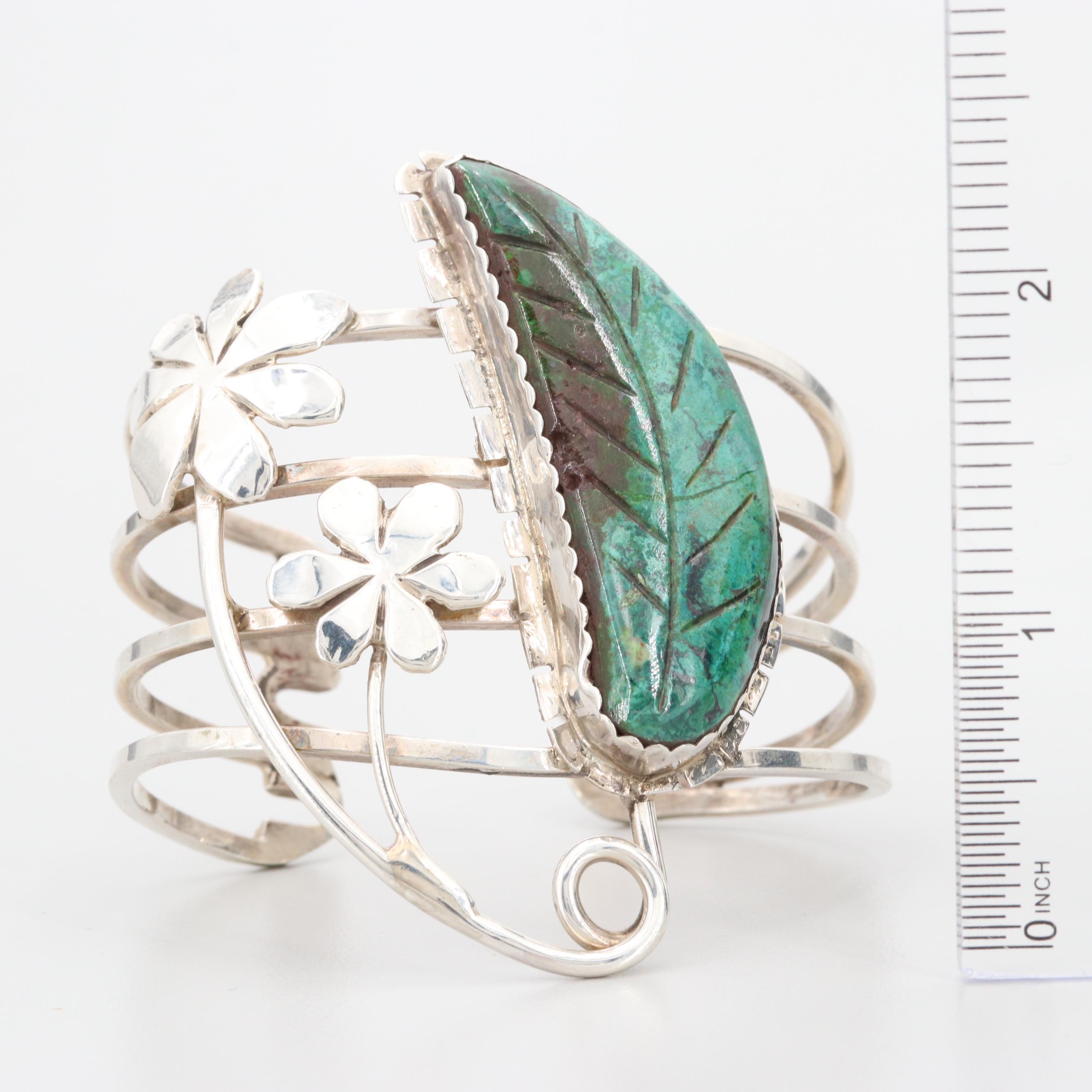 Bill Kirkham Sterling Silver and Eilat Stone Carved Leaf Motif Cuff Bracelet