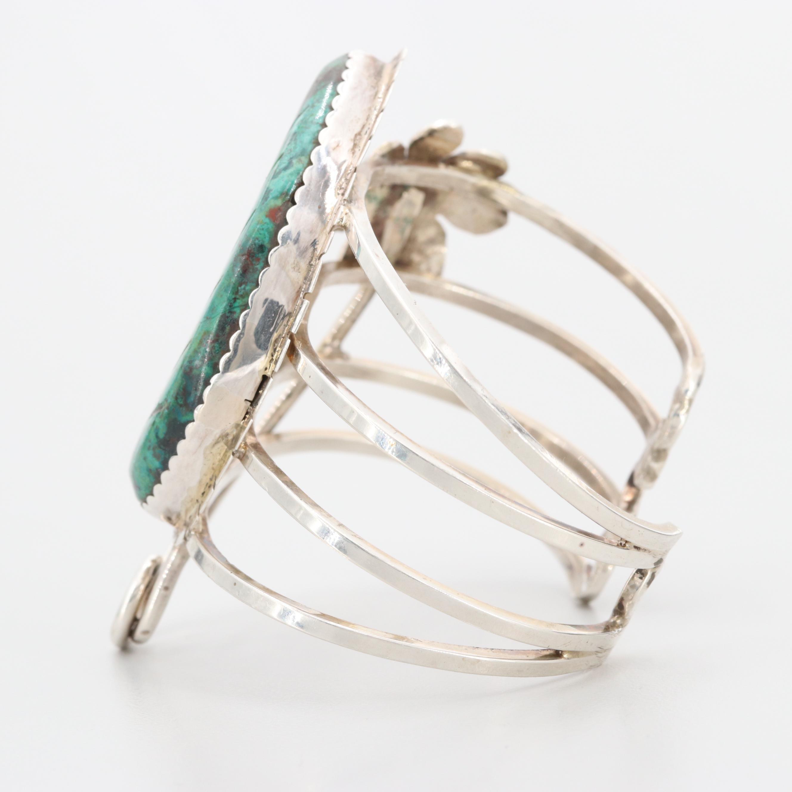 Bill Kirkham Sterling Silver and Eilat Stone Carved Leaf Motif Cuff Bracelet