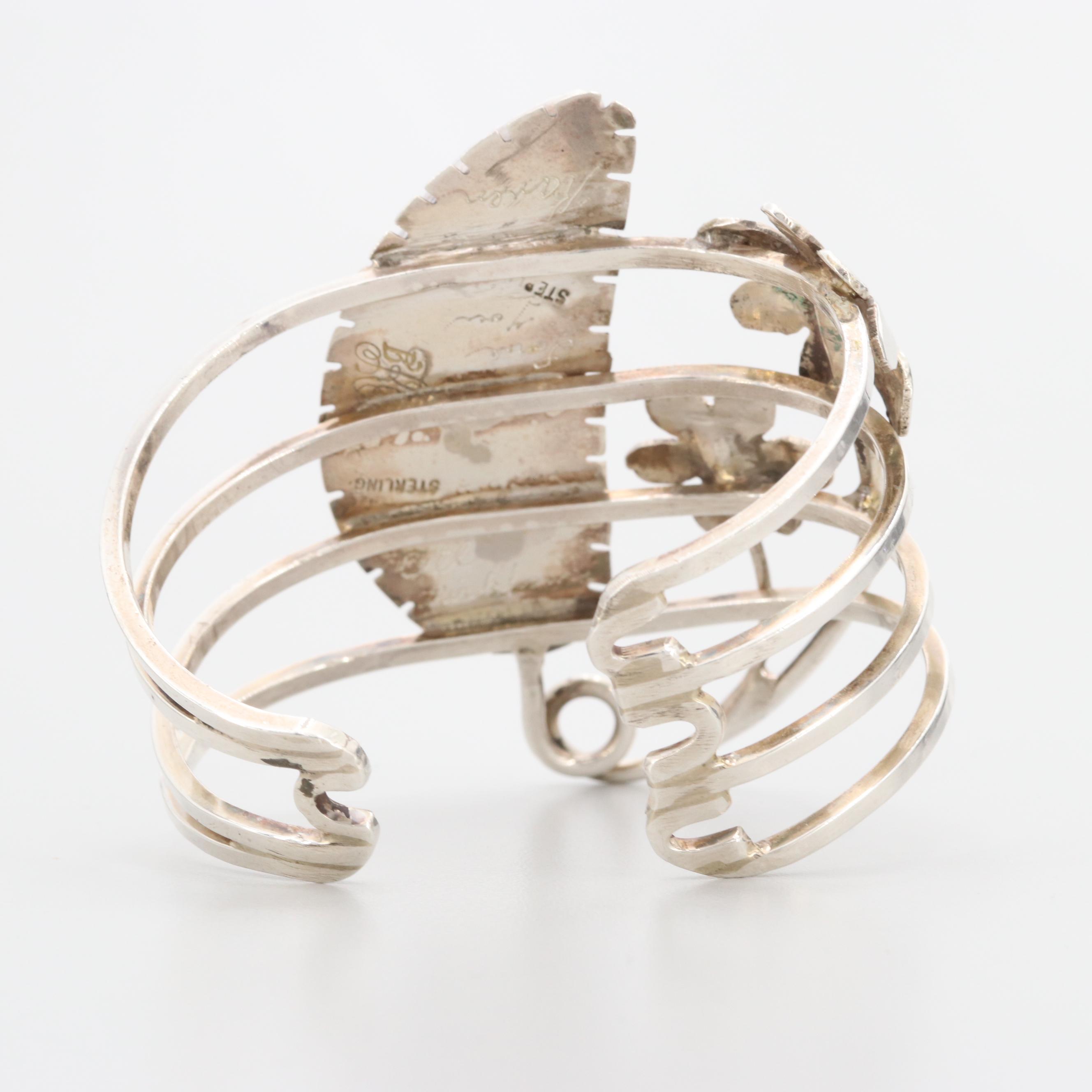 Bill Kirkham Sterling Silver and Eilat Stone Carved Leaf Motif Cuff Bracelet