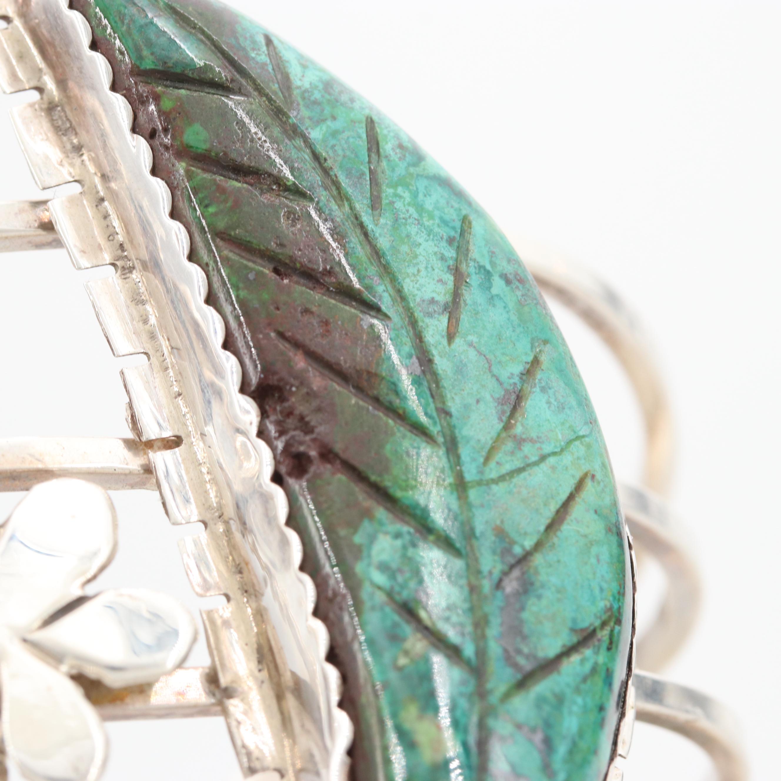 Bill Kirkham Sterling Silver and Eilat Stone Carved Leaf Motif Cuff Bracelet