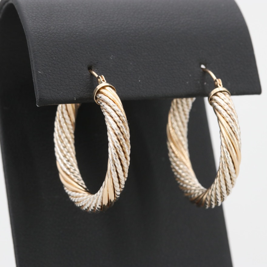 14K Yellow Gold and Sterling Silver Hoop Earrings