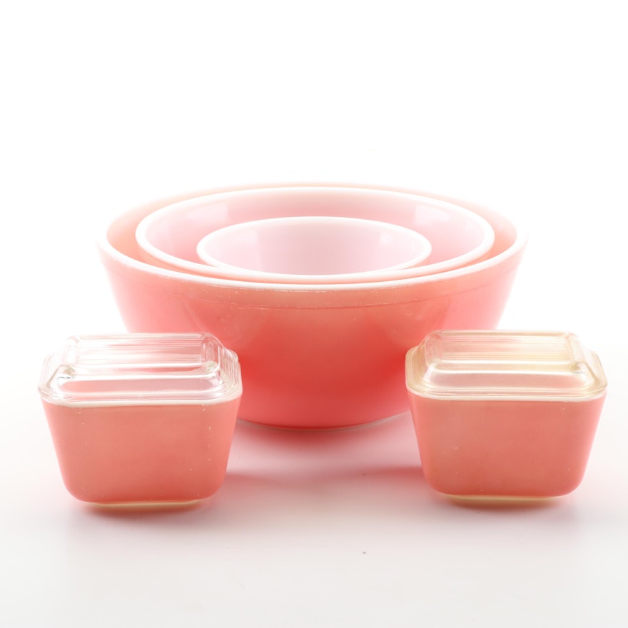 Vintage Pyrex Pink Nesting Bowls and Refrigerator Jars