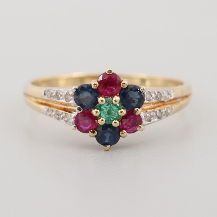 14K Yellow Gold Emerald, Ruby, Blue Sapphire, and Diamond Ring