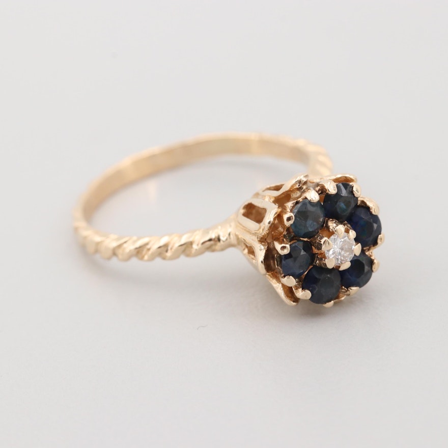 14K Yellow Gold Diamond and Blue Sapphire Ring