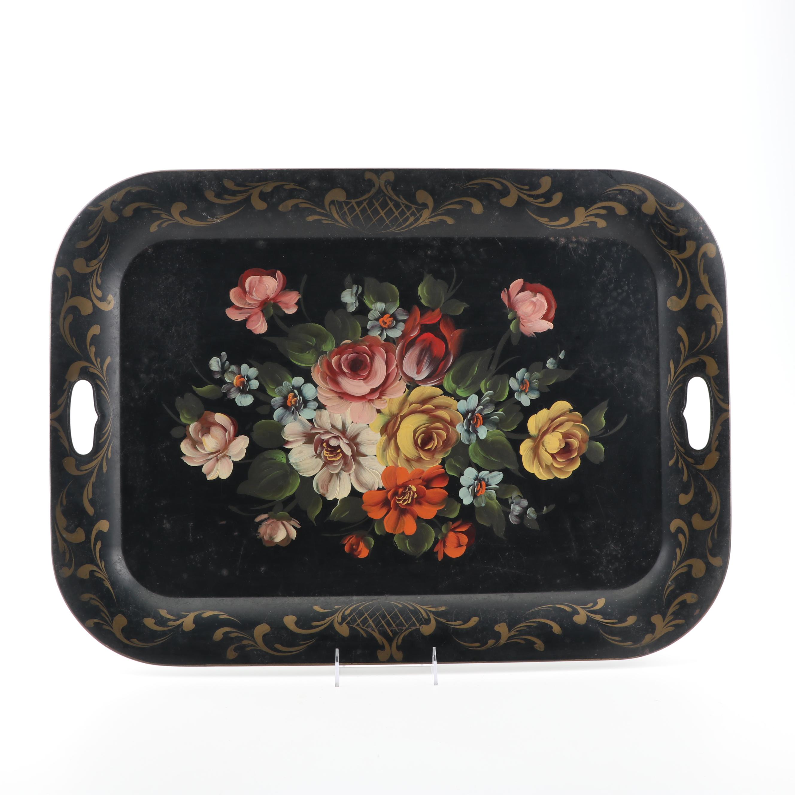 Hand-Painted Art Gift Tole Tray, Mid-Century
