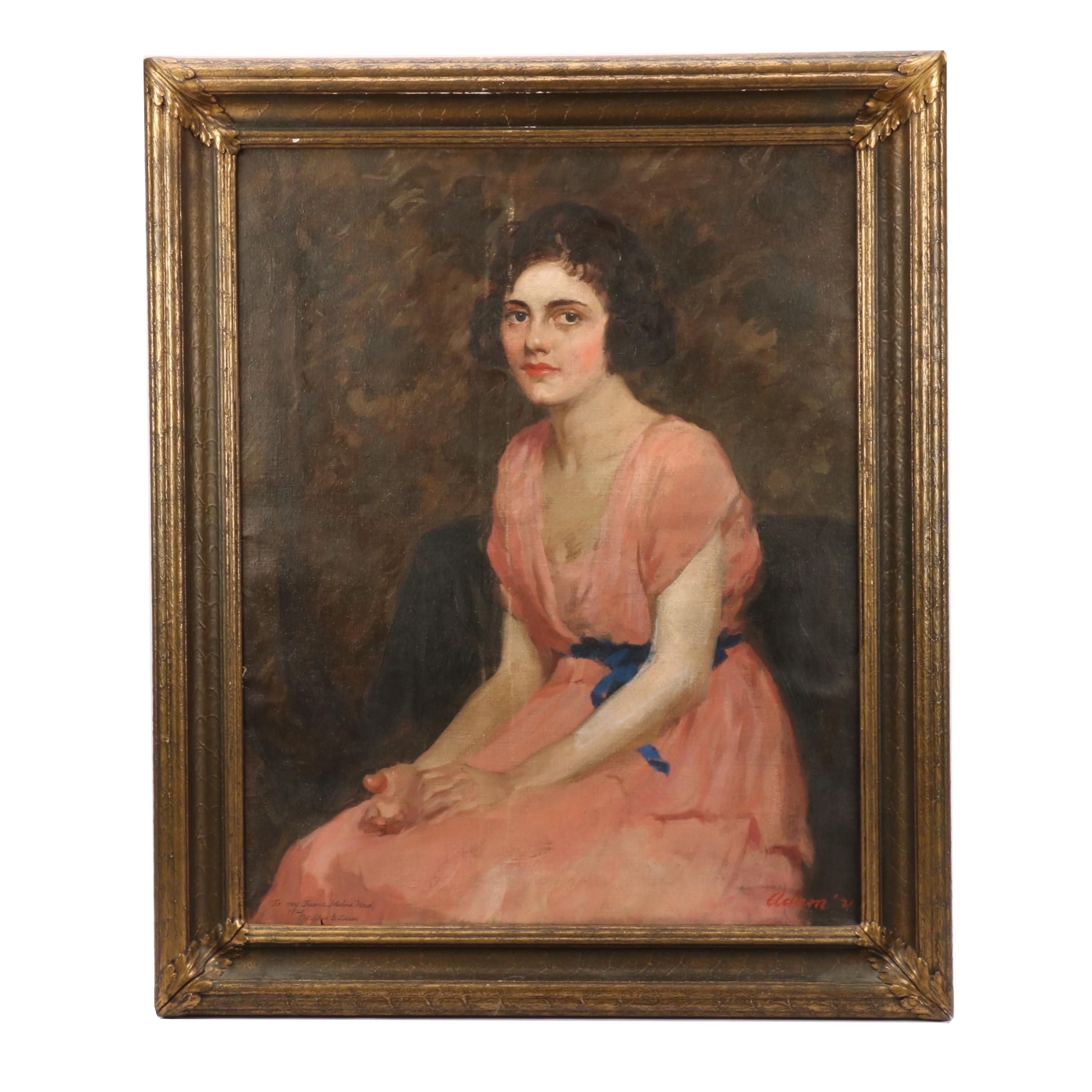 Wilbur G. Adam 1921 Portrait Oil Painting of Woman in Pink Dress