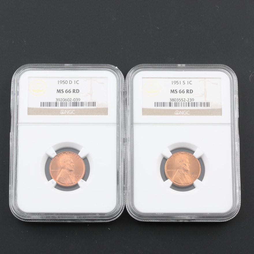 Group of Two NGC Graded MS66 RD Lincoln Wheat Cents
