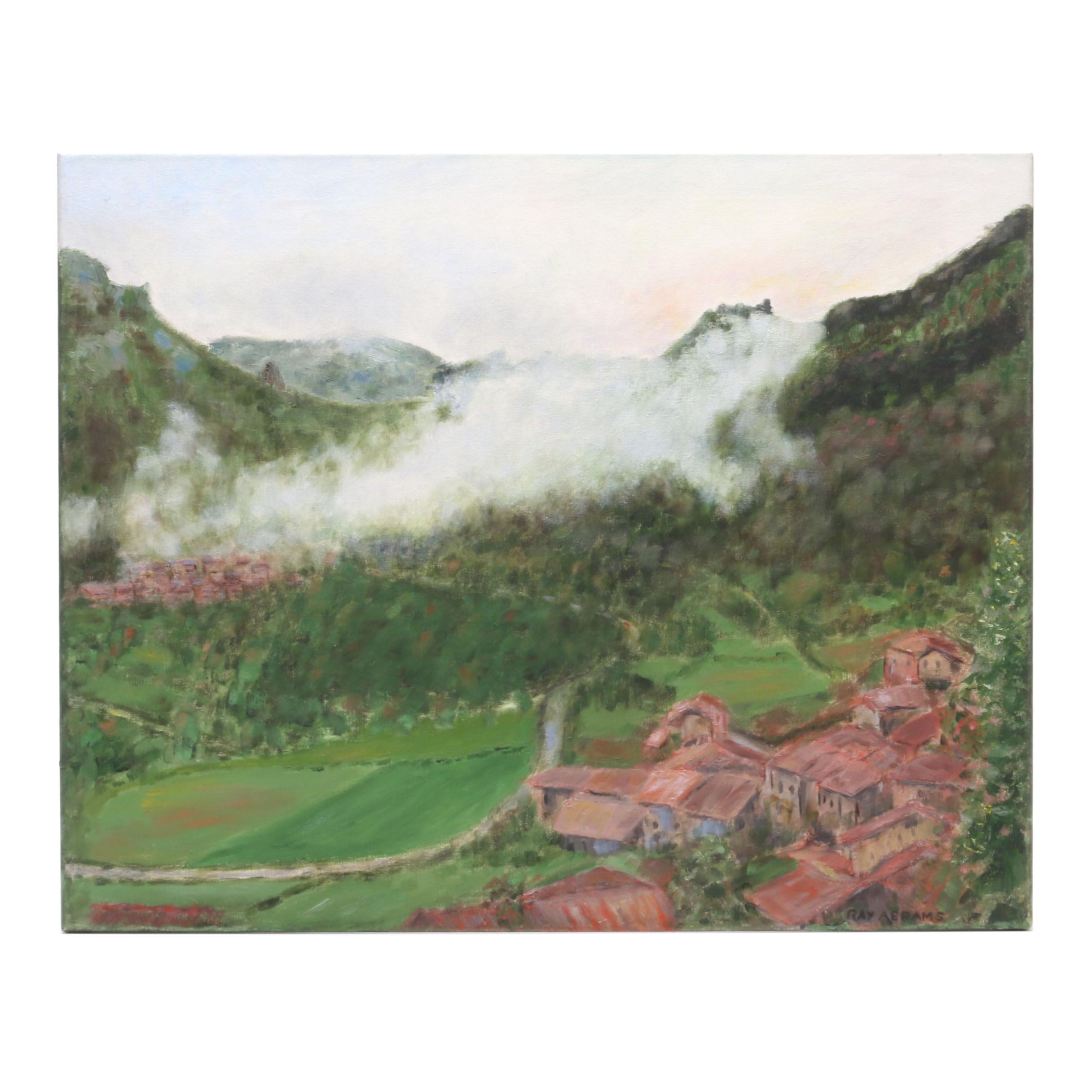Ray Abrams Oil Painting of Landscape with Hillside Village