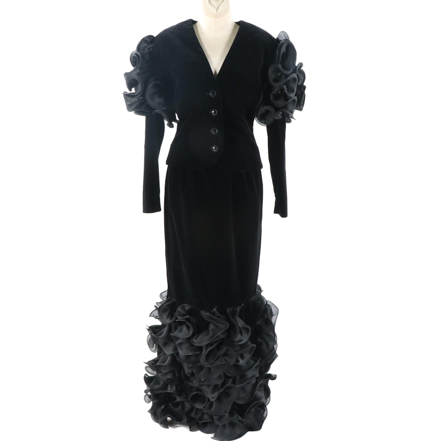 Gideon Oberson Ruffle Accented Formal Black Velvet Jacket and Floor-Length Skirt