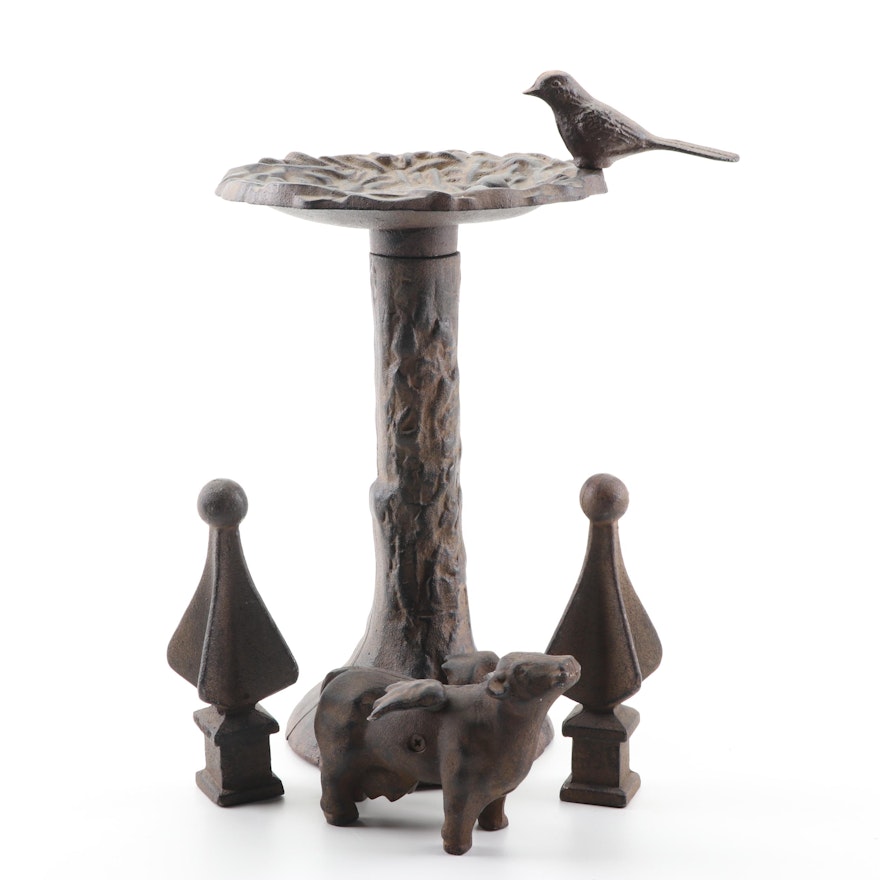 Cast Iron Porcine Figurine, Finials, and Bird Feeder