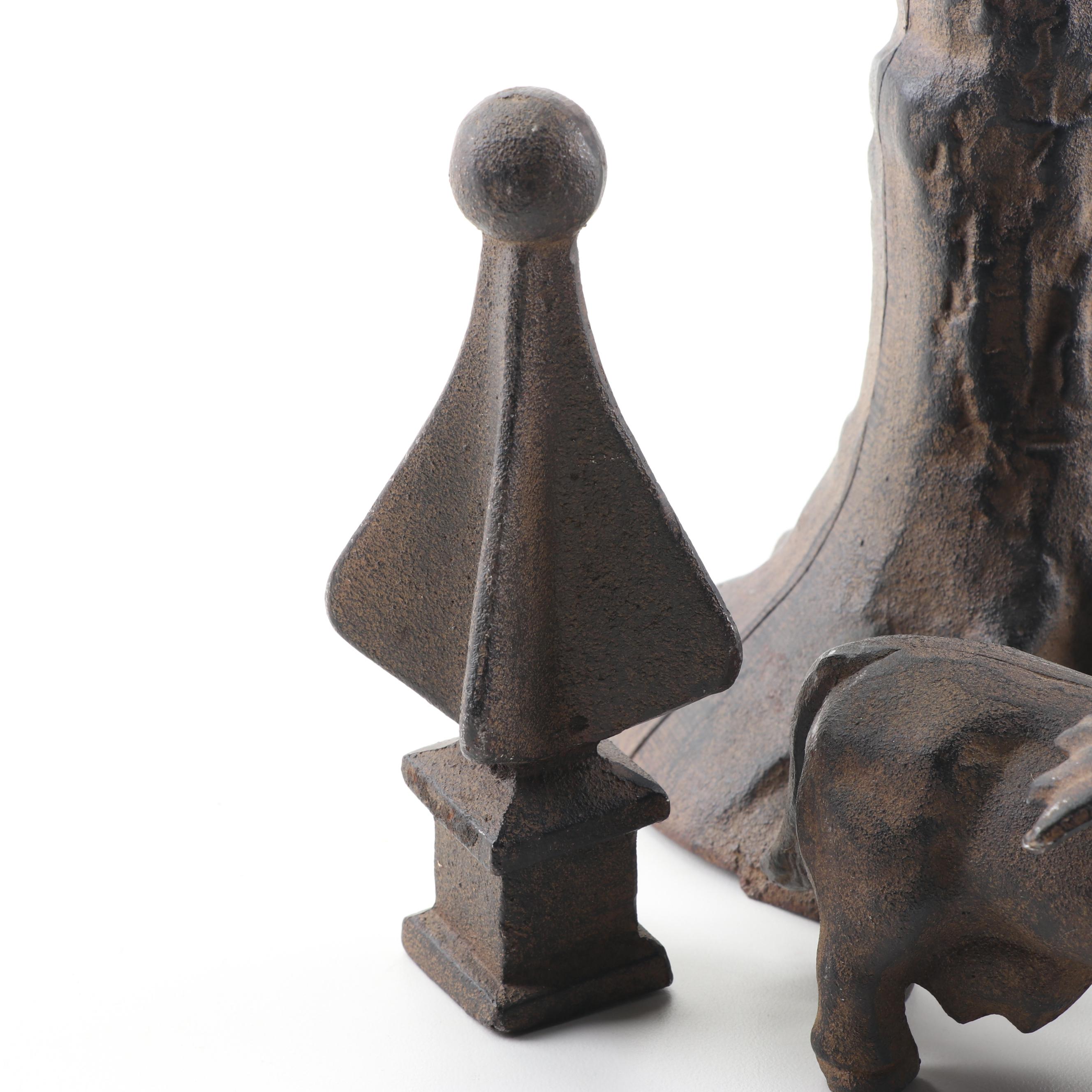 Cast Iron Porcine Figurine, Finials, and Bird Feeder
