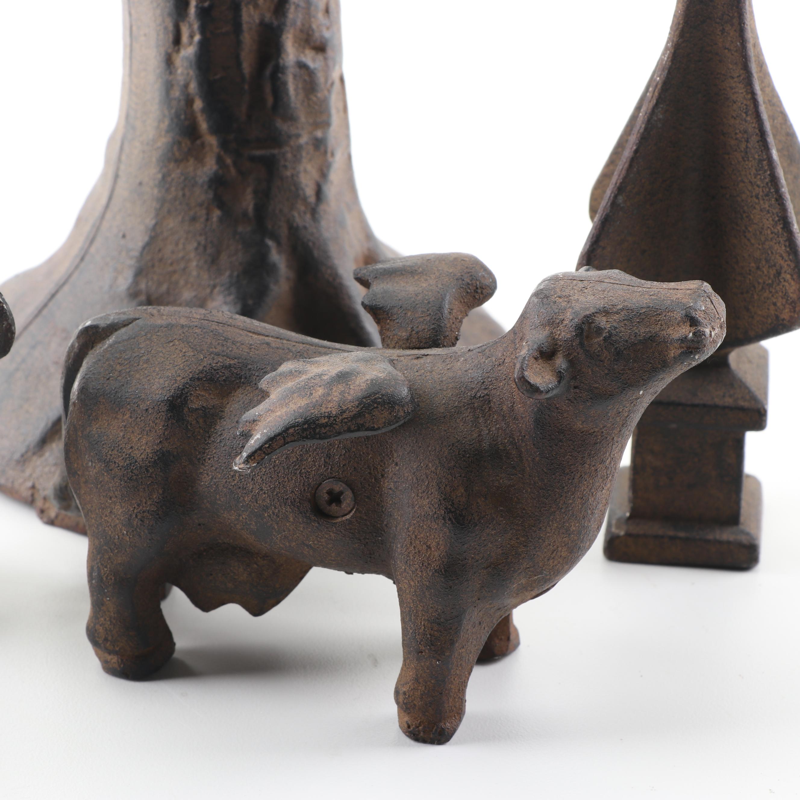 Cast Iron Porcine Figurine, Finials, and Bird Feeder