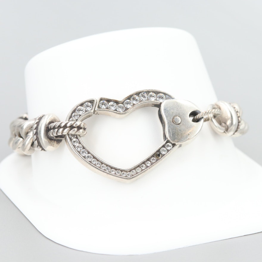 Silver Tone Glass Crystal Heart Bracelet