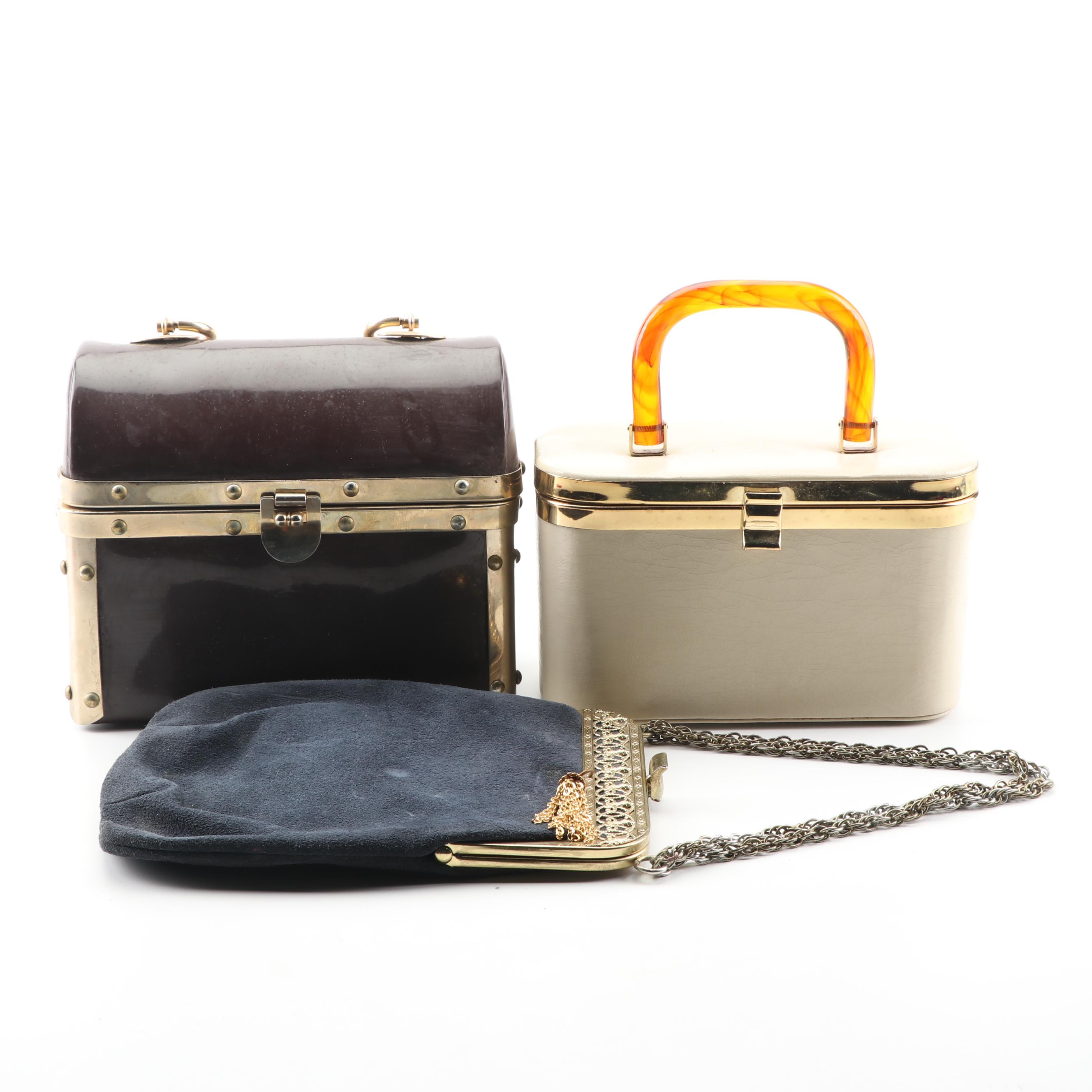 Vintage Box Bags Including Rosenfeld with Suede Clutch Featuring Openwork Frame