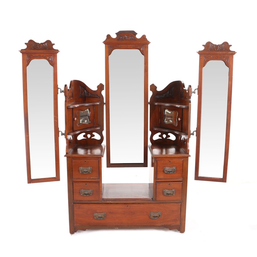Edwardian Walnut Triple-Mirror Dressing Table, Early 20th Century