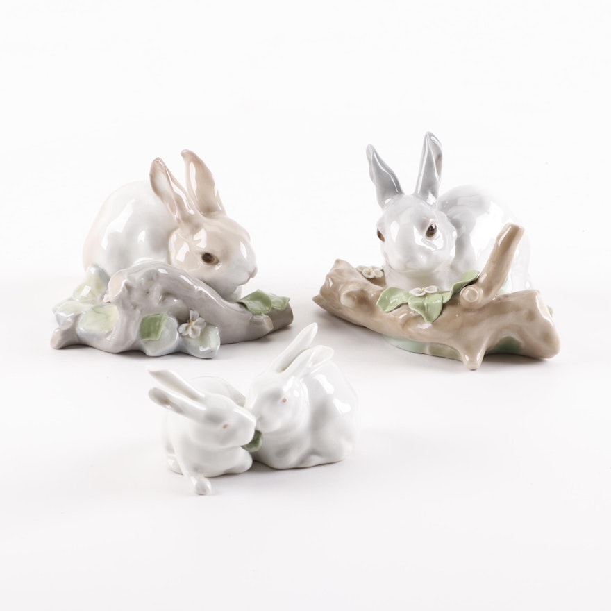 Lladró and Royal Copenhagen Porcelain Rabbit Figurines