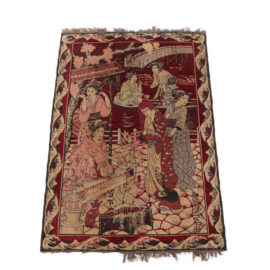 Power-Loomed Inscribed East Asian Pictorial Rug