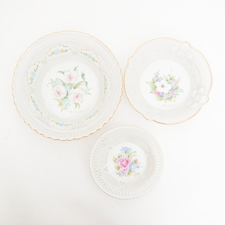 Moga Hand-Painted Romanian Reticulated Porcelain Bowls