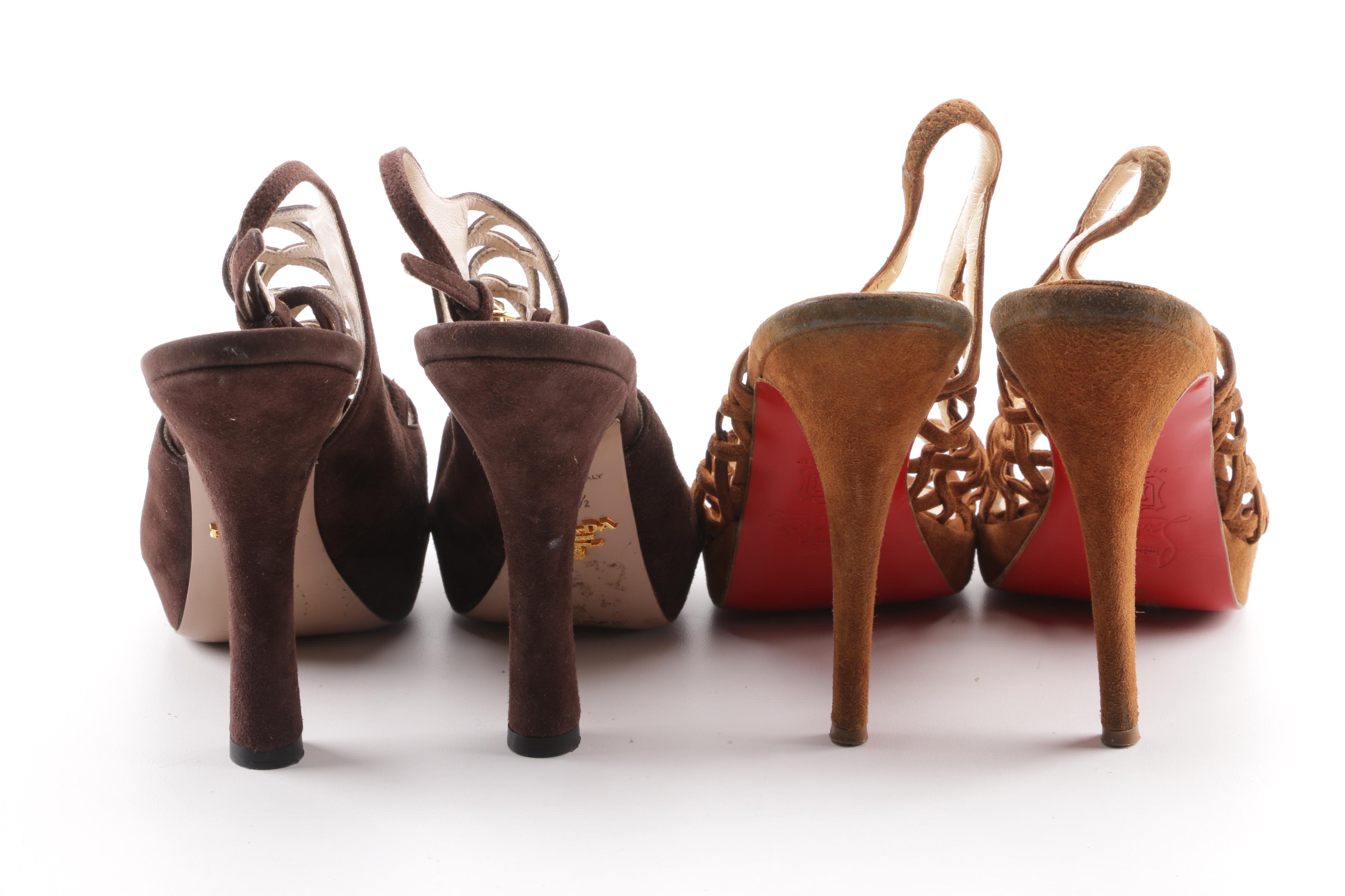 Christian Louboutin Tan Suede and Prada Brown Suede Corset Peep Toe Heels
