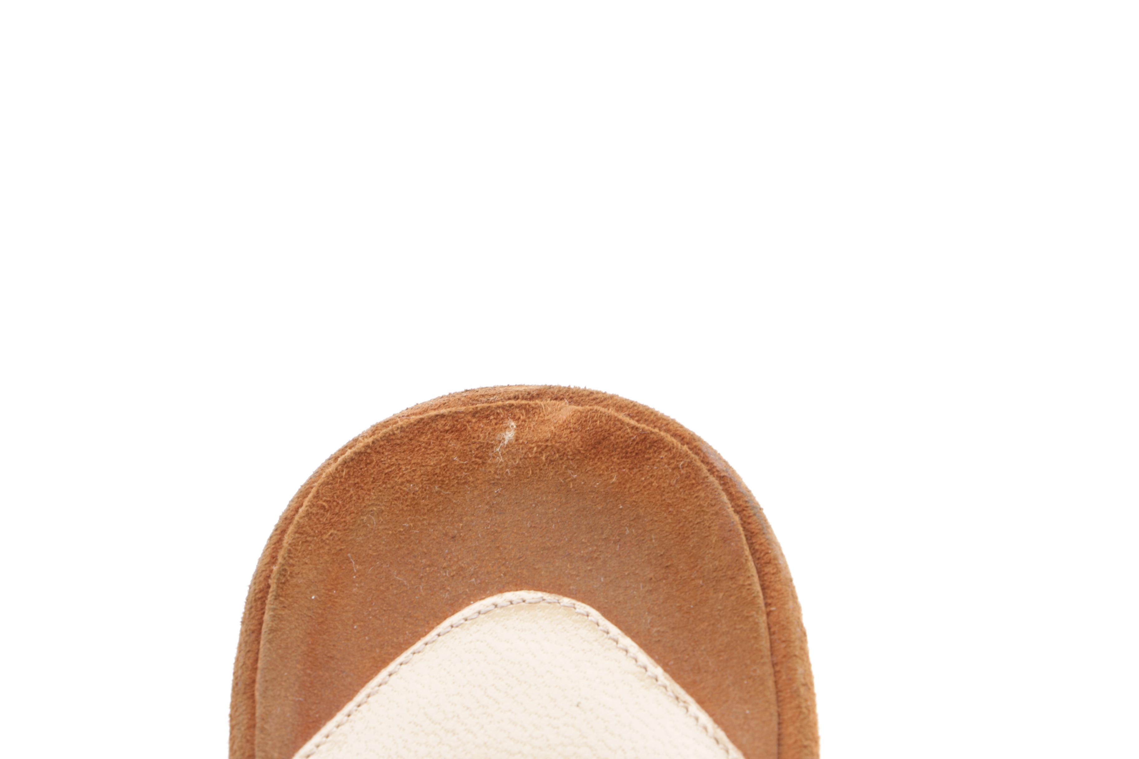 Christian Louboutin Tan Suede and Prada Brown Suede Corset Peep Toe Heels