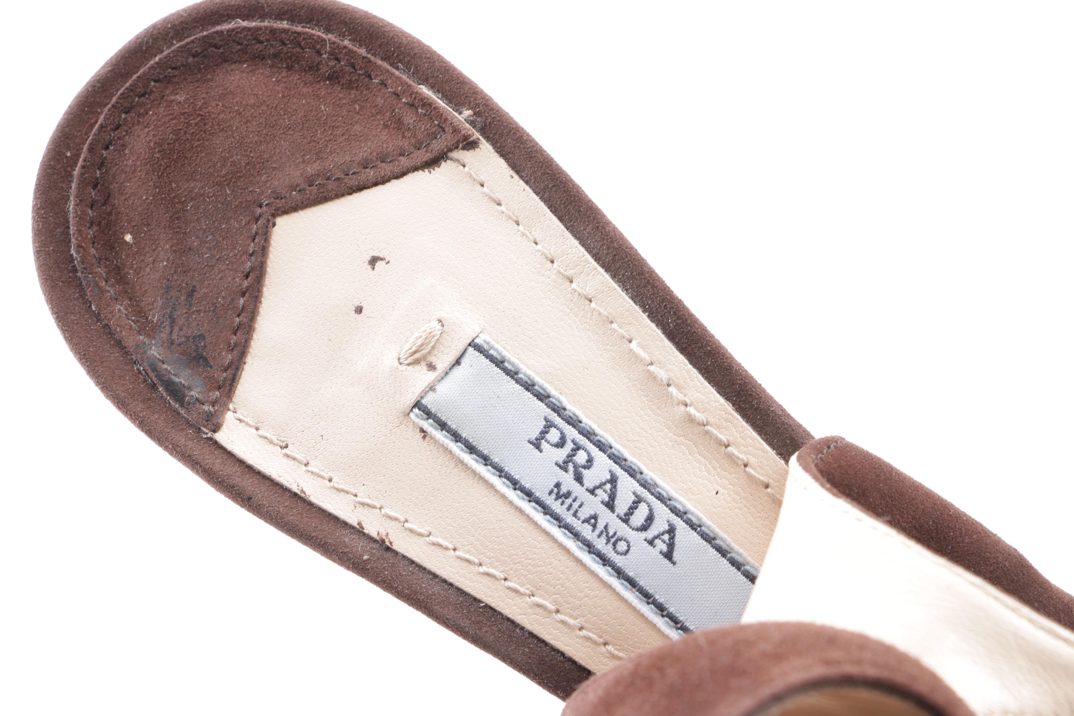 Christian Louboutin Tan Suede and Prada Brown Suede Corset Peep Toe Heels