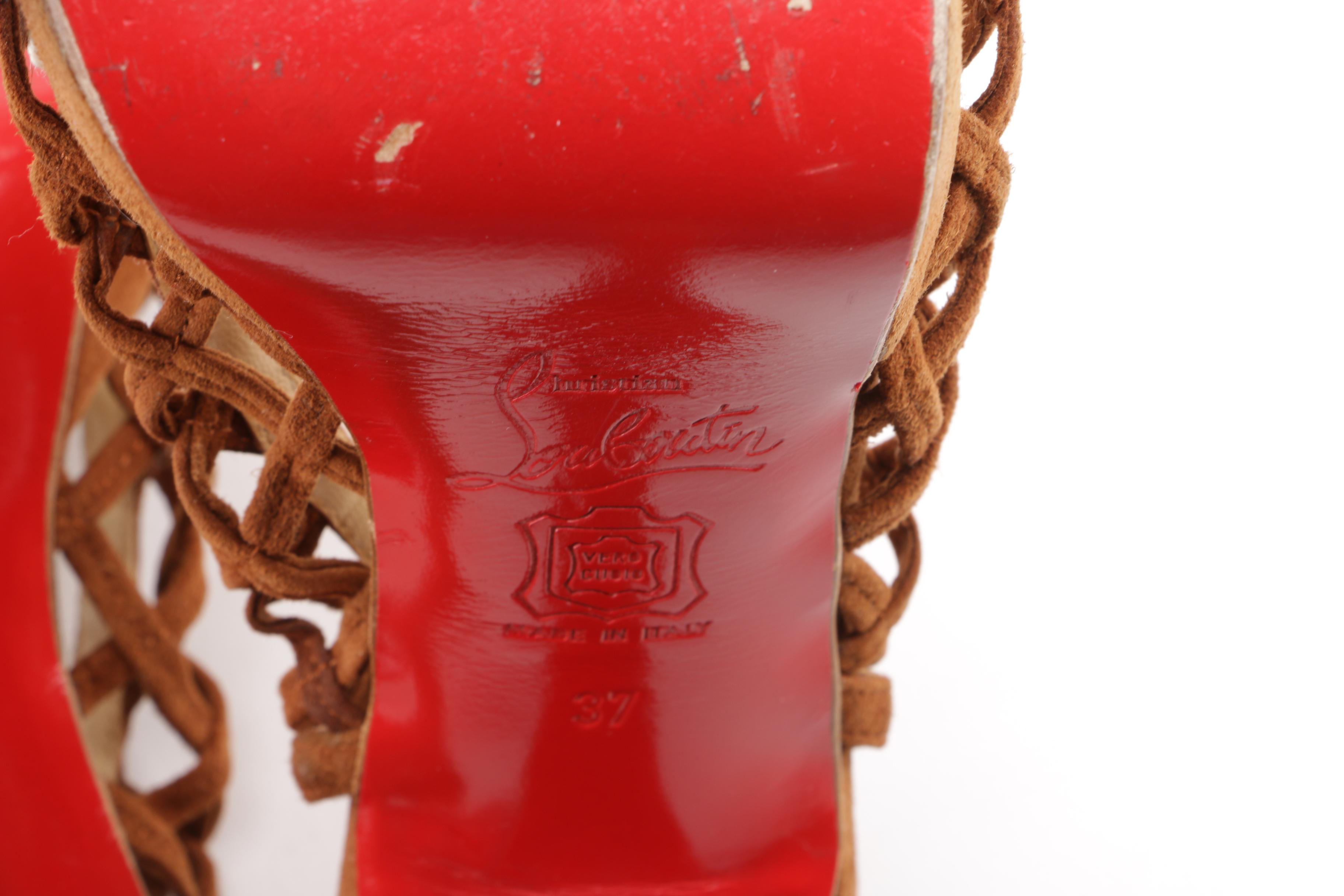 Christian Louboutin Tan Suede and Prada Brown Suede Corset Peep Toe Heels