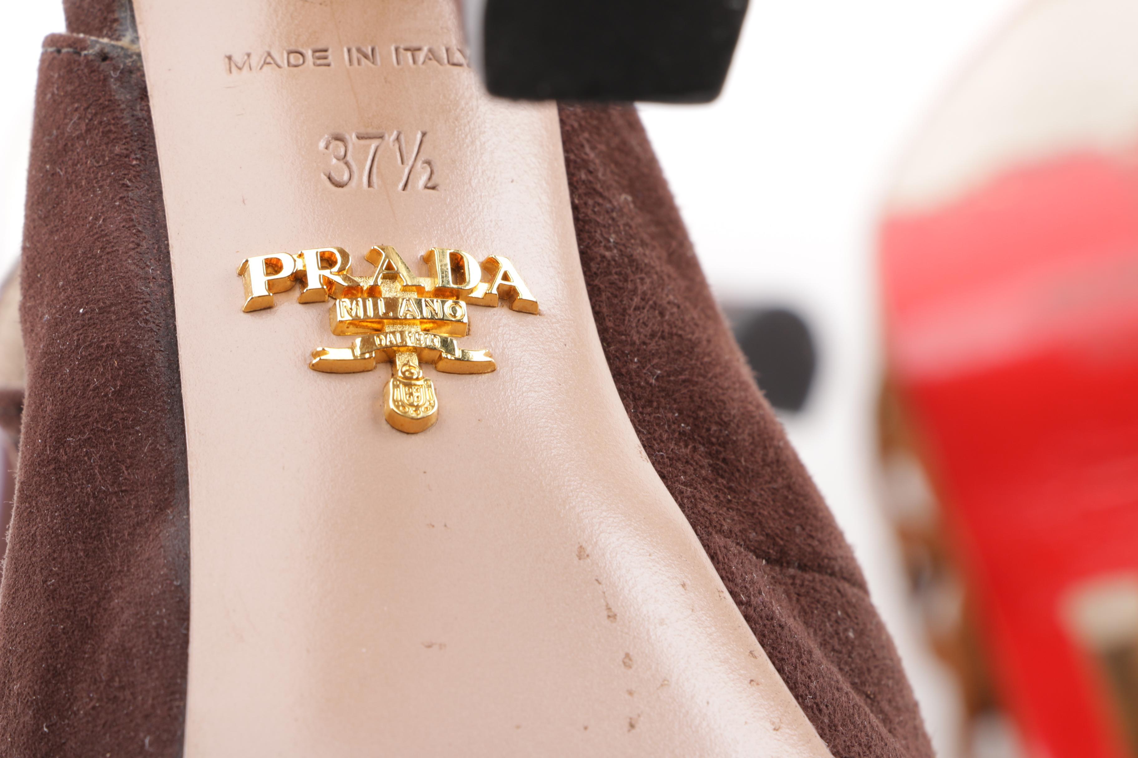 Christian Louboutin Tan Suede and Prada Brown Suede Corset Peep Toe Heels